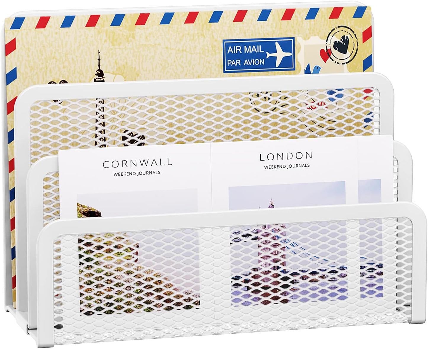 Marbrasse Mail Organizer for Desk, 3-Slot Mesh Metal Mail Holder countertop, Letter Holder, Office Desktop Envelope and Document Storage Rack (White)