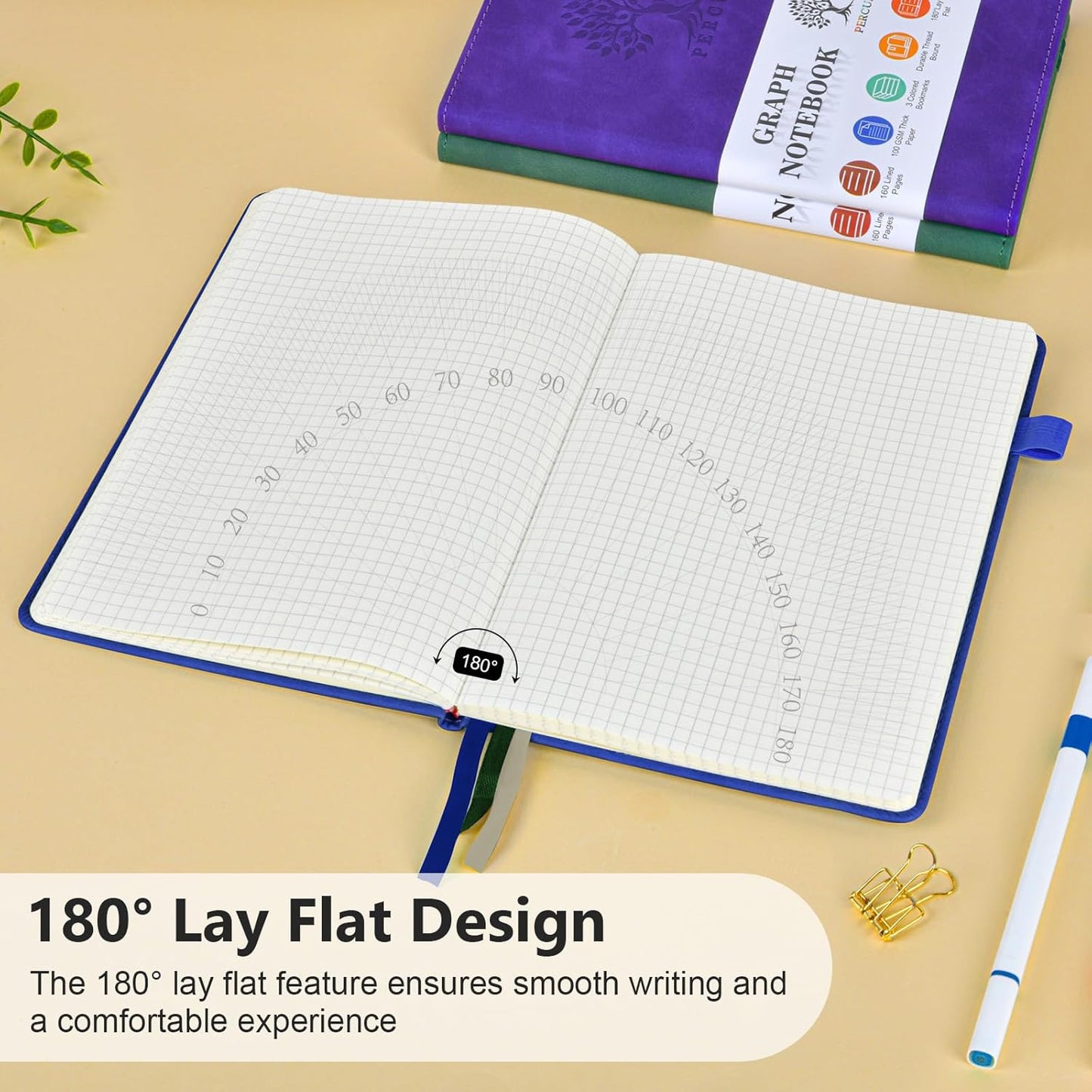 PERCUN Graph Paper Notebook, 160 Pages Grid Journal for women & men, A5 Hardcover Leather Graphing Notebook for School, Work, Travel, Note Taking 5.9”x8.5” (Navy)