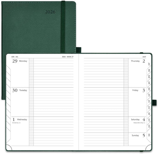 POPRUN Weekly Planner 2026 Calendar (Medium 6.75" x 8.75") 12 Months Notebook with Horizontal Layout, Leather Hardcover, Inner Pocket, 100GSM Thick Paper, Pen Holder - Army Green