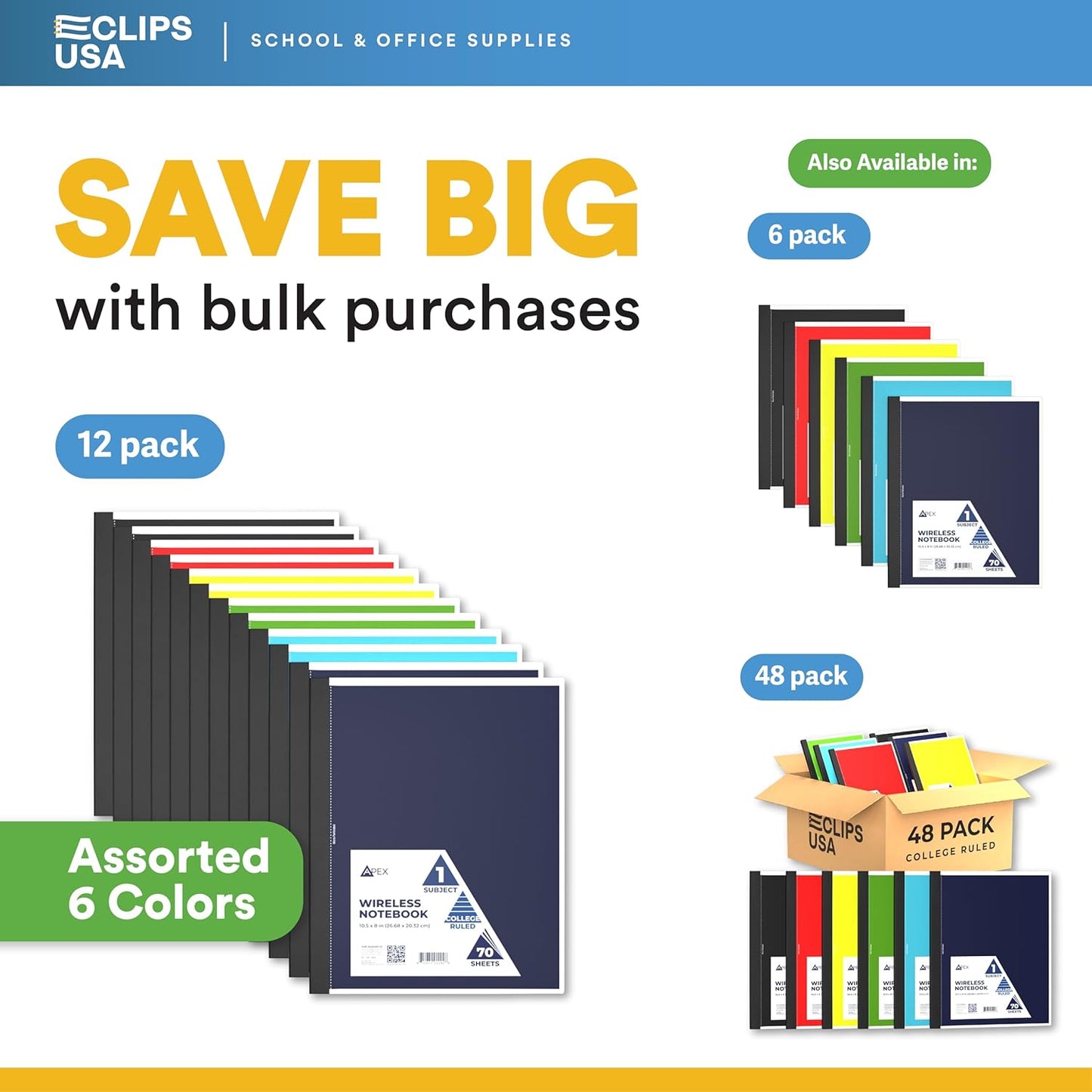 E-CLIPS USA Non Spiral Notebook, 1 Subject, Wide Ruled Notebook, Journal Notebook, Notebooks Bulk, School Supplies, Perforated Edges, 6 Colors, 70 Sheets (12, Wide Ruled)