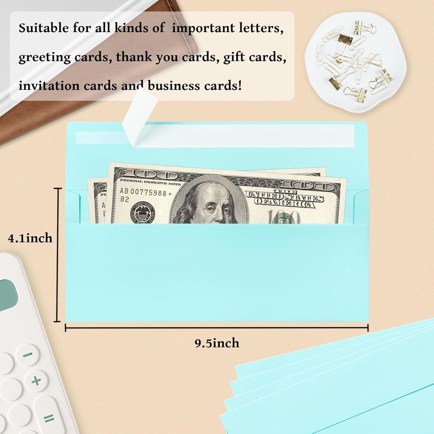 100 Pack #10 Business Envelopes, Light Blue Standard Envelopes Self Seal, Letter Size Business Mailing Envelopes for Checks Letters Invoices Statements Birthday Graduation Wedding, 4 1/8 x 9 1/2 Inch