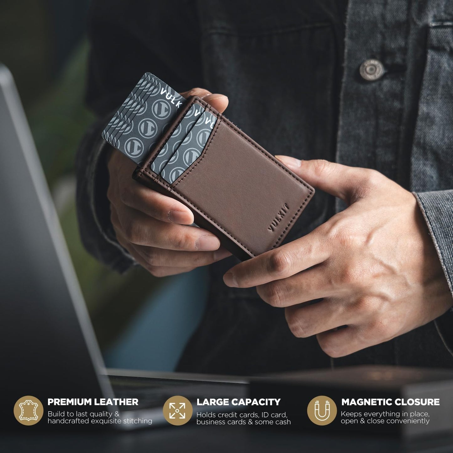 VULKIT Men's Wallet with ID Window Premium Leather Wallets RFID Blocking Minimalist Wallet Pop Up Card Holder Magnetic Closure