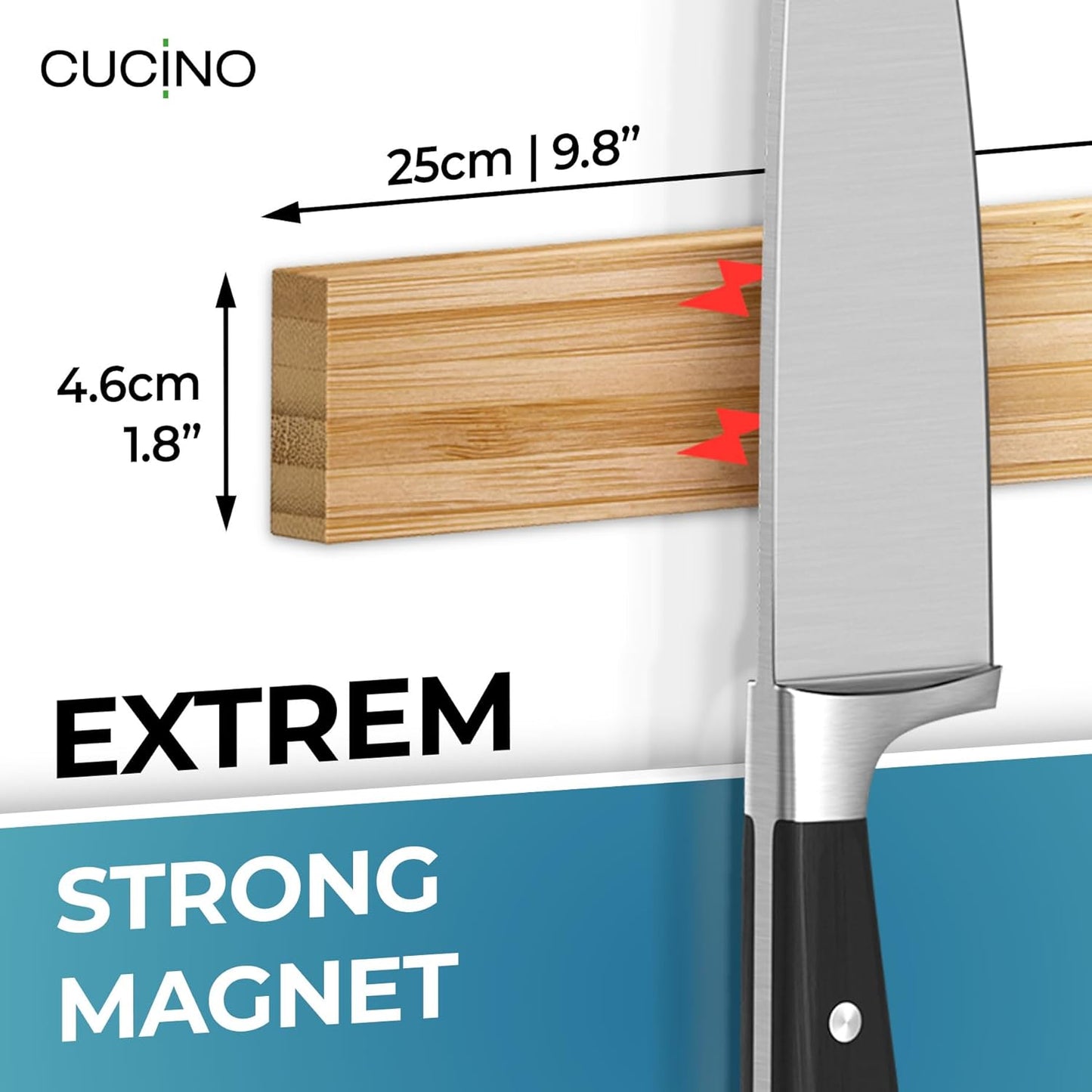 CUCINO Magnetic Knife Holder for Wall 10" No Drilling incl. Self Adhesive Tape - Extra strong Knife Holder - Awarded Knife Magnetic Strip - Made of Bamboo
