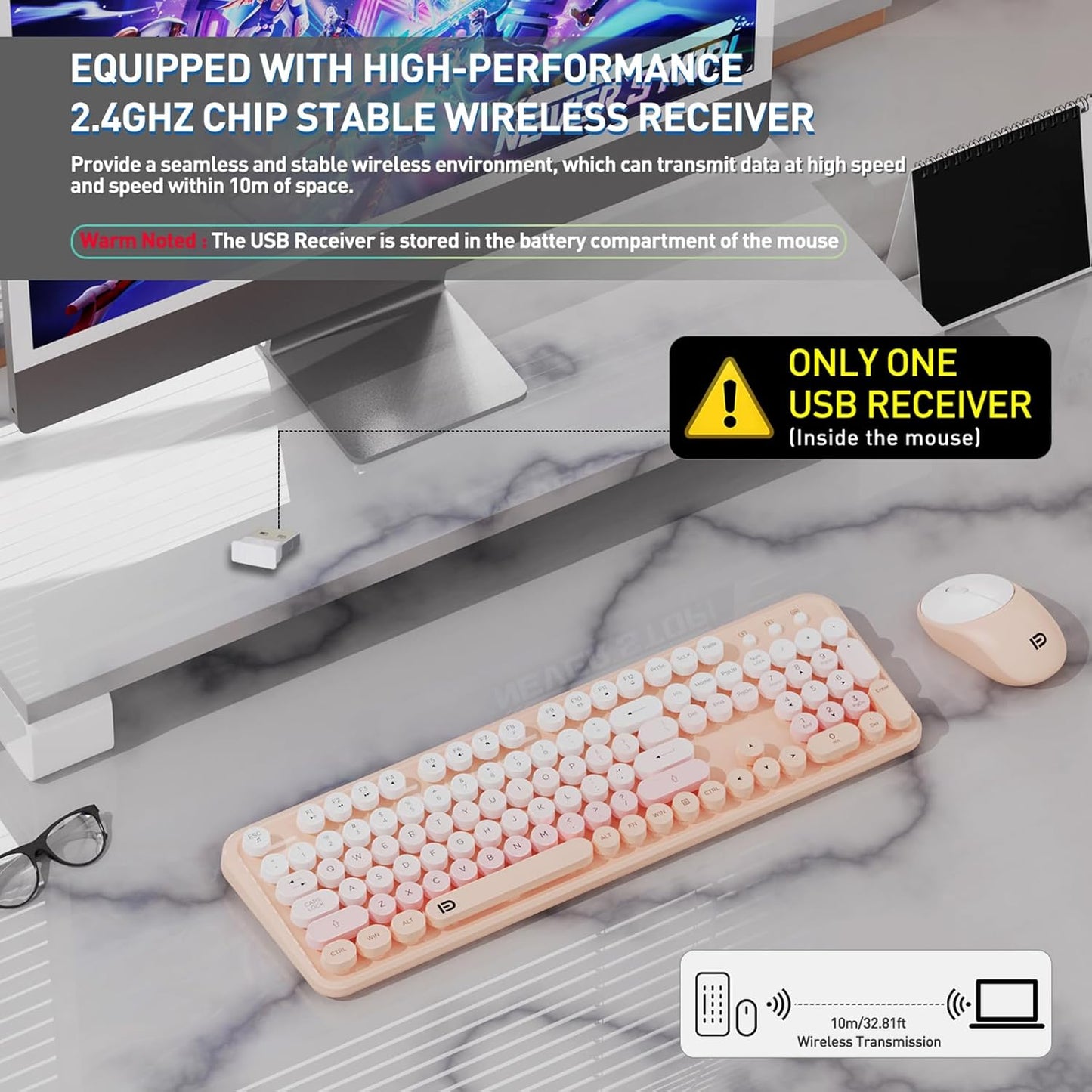 FD 2.4GHz Wireless Keyboard and Mouse Combo with Switch Button - Full-Size Keyboard - Compatible for Windows/Laptop/PC/Notebook/Smart TV and More - Light Pink Colorful