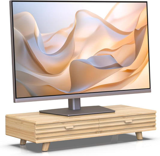 Bamboo Monitor Stand with Drawer - Desk Organizer with Cable Management & Storage, Ergonomic Laptop Riser for Home Office (220lbs Capacity, 24 inch ,Natural)