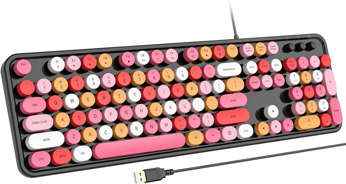 USB Wired Computer Keyboard - Retro Typewriter Keyboard - Full Size Office Keyboard with Number Pad, Caps Indicators, Foldable Stands, for PC Laptop Desktop Windows (Black Colorful)