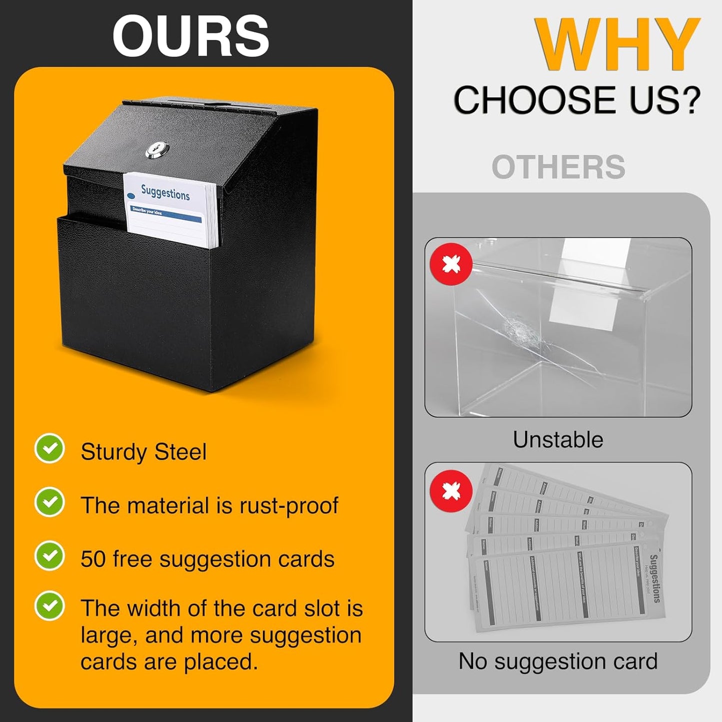 Suggestion Box with Slot and Lock Metal 8.4 x 5.8 x 7.0 inch Built-In Storage Compartment 50 Suggestion Cards Tip Jar Ballot Voting Prayer Comment Teacher Mailbox Booth Classroom Restaurant