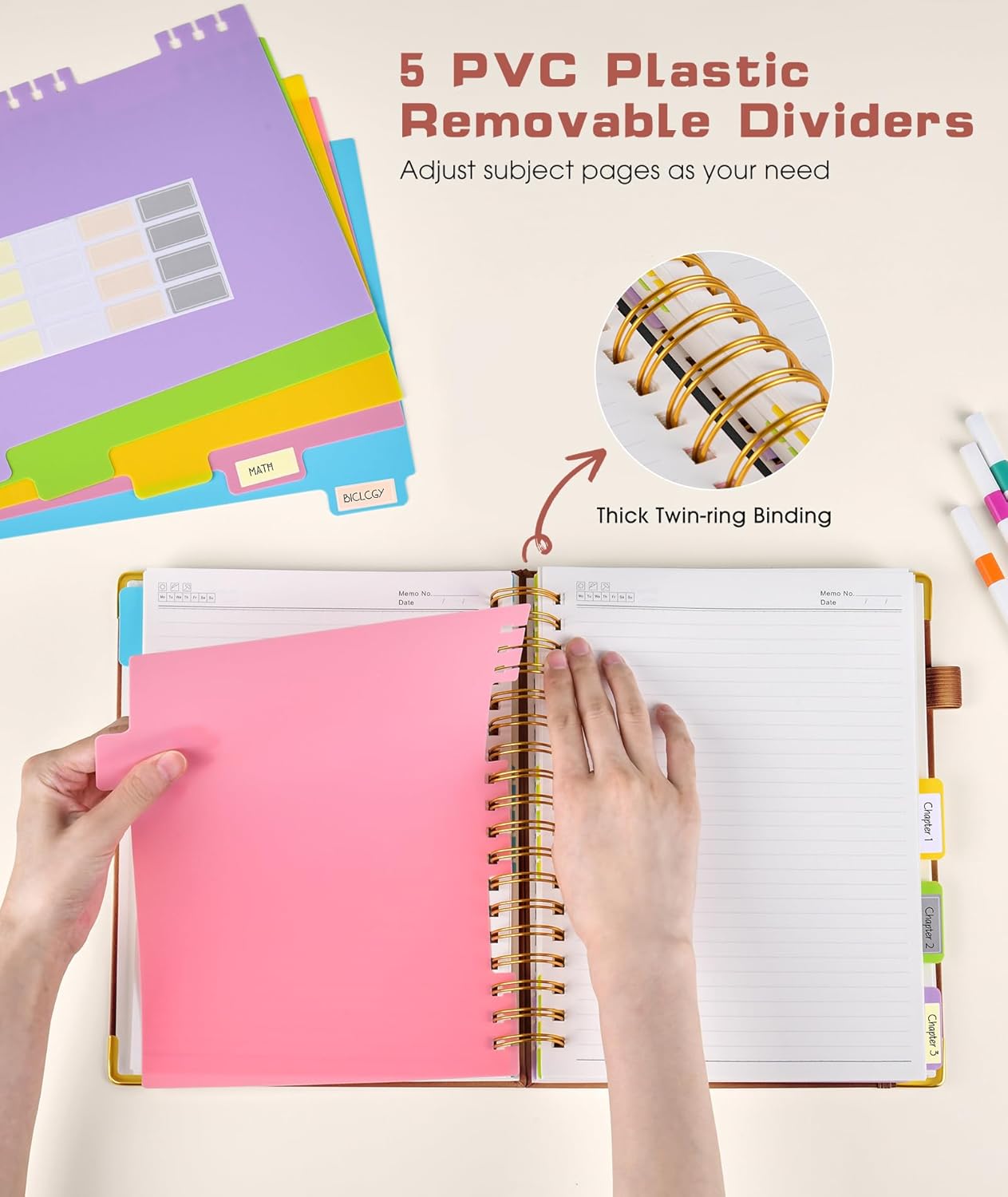 Hardcover Spiral Notebook journal with Removable Dividers Tabs, 300 Pages Leather 5 Subject Notebook College Ruled,A5 Notebooks for Work School Note taking,Lined Journal for Women,A5 Light Brown