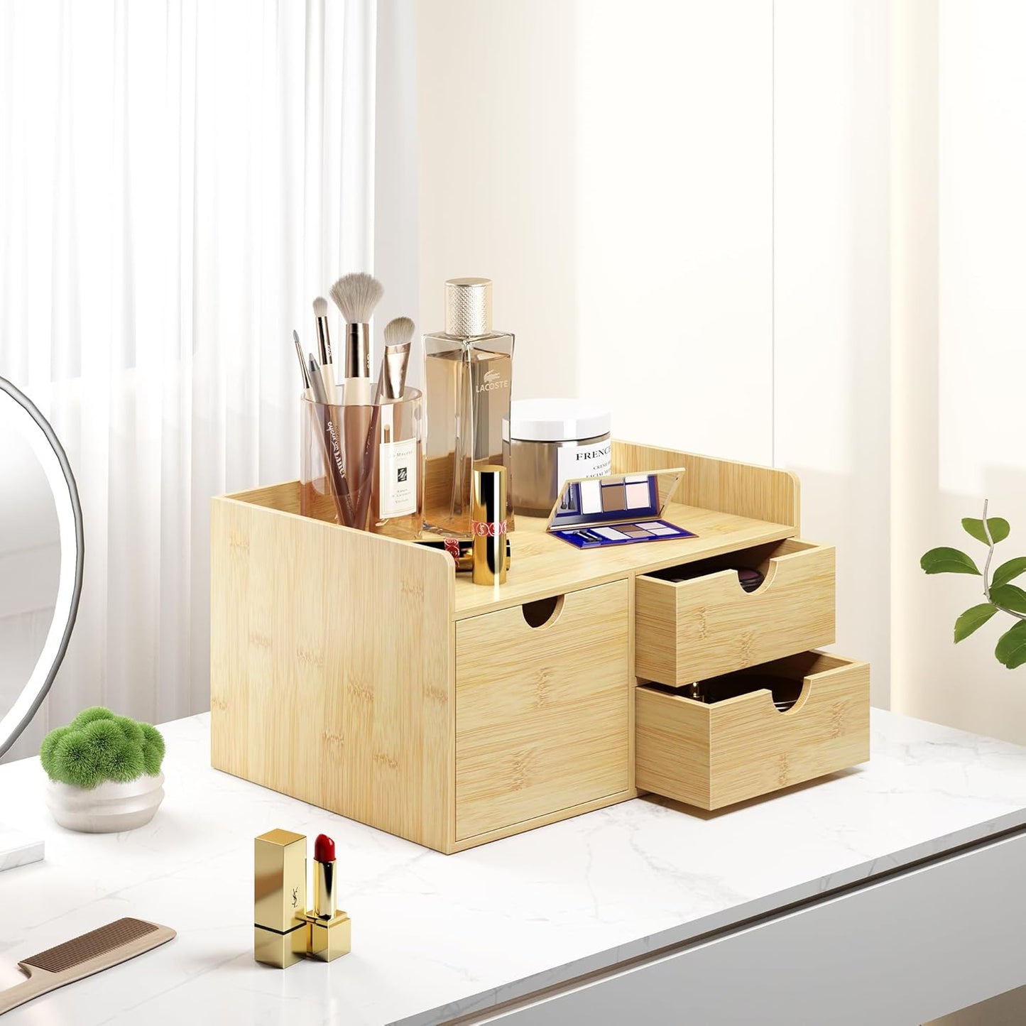 Wisuce Bamboo Desk Drawer Organizer, 3 Drawer Desktop Organizer with Drawers Tabletop Storage Organization Box for Office Home Toiletries Supplies Vanity, No Assembly Required