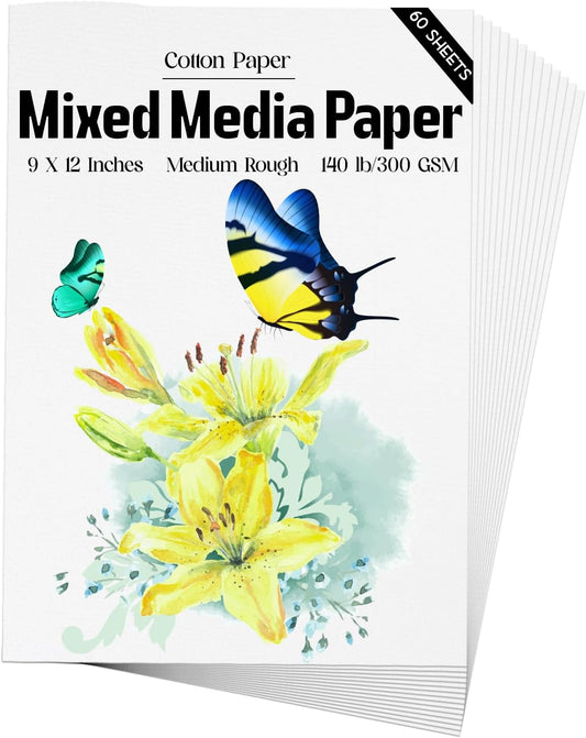 Mixed Media Paper 60 Sheets, 9 X 12 Inches 140 LB/300 GSM Heavyweight Cotton Paper Smooth/Medium Rough Texture Art Paper for Watercolor, Gouache, Marker, Painting, Drawing, Sketching