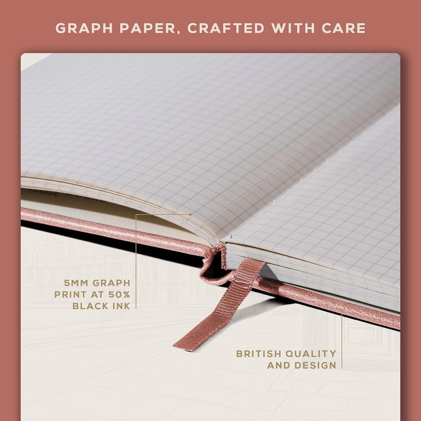 BEECHMORE BOOKS Graph Paper Notebook - Regular, Pink | Premium Square Grid Math & Science Journal | 5.75" x 8.25" Hardcover Vegan Leather | Thick 120gsm Cream Graph Paper | Gift Box for Men & Women