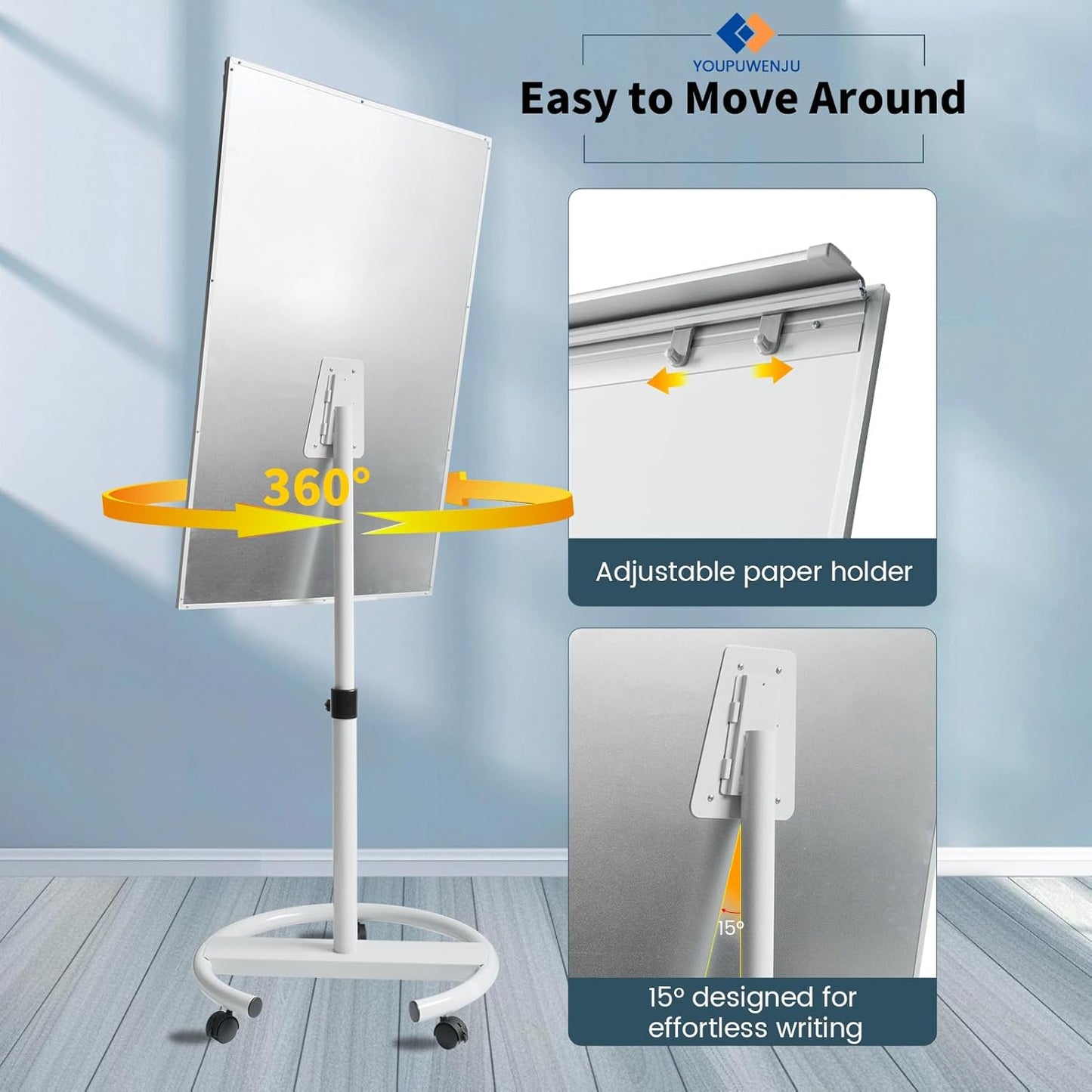 Rolling Whiteboard Magnetic Writeboard 40"x28" Flip Chart with 5 Wheels Adjustable Height Multi-Use Standing Bulletin Board (White)