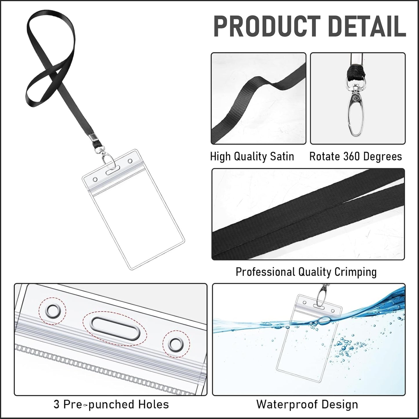 Fumete 100 Sets Name Tag Lanyards with ID Badge Holder Durable Clear Cruise Teacher Lanyards with Plastic Waterproof ID Badge Holders Bulk for Adults Teacher School Office Ship Cards(Black)