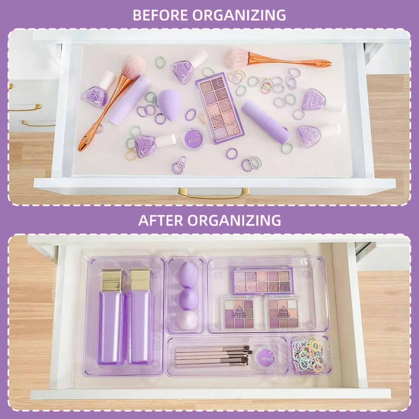 Kitchen Desk Drawer Organizers Storage for Office, Small Acrylic Vanity Trays Makeup Organizer for Drawer Bathroom Plastic Make up Organizers 25 Pcs Clear Purple