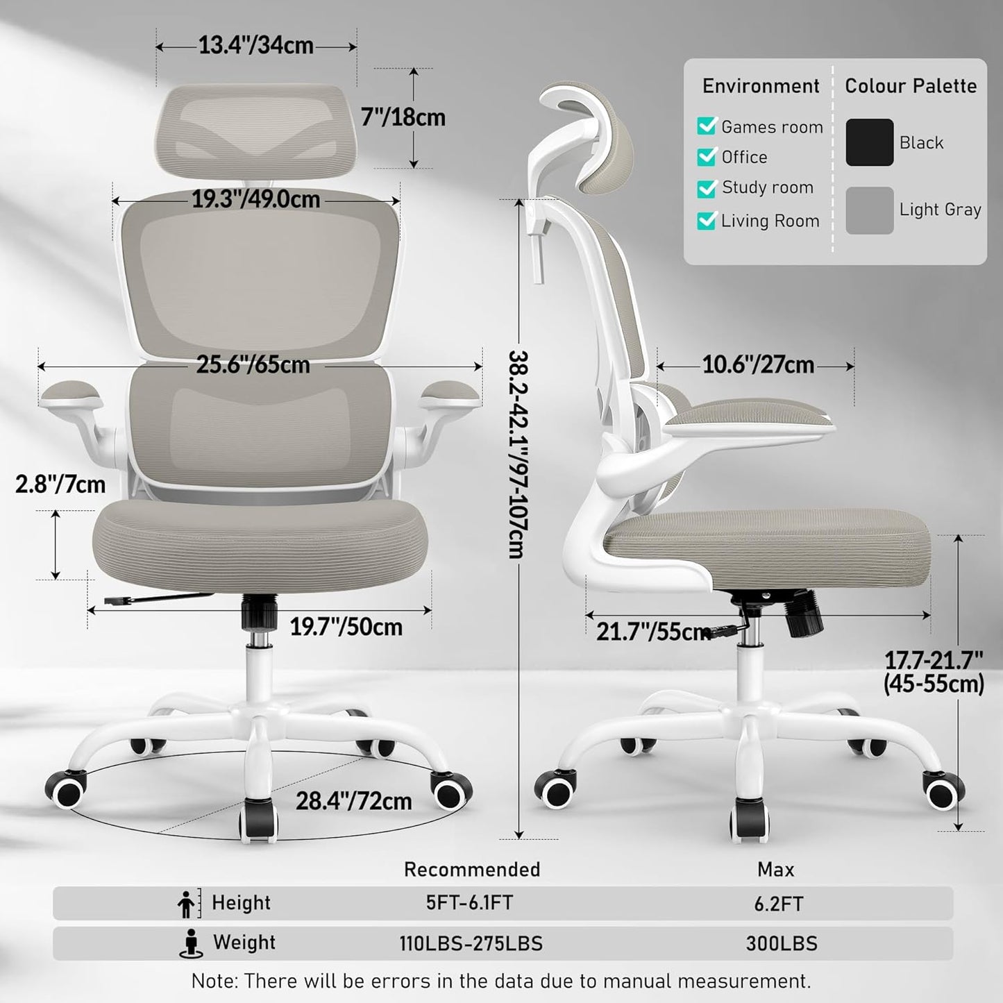 High Back Ergonomic Office Chair, Breathable Mesh Desk Chair with Lumbar Support, Adjustable Headrest, Flip-up Armrests, Computer Gaming Chair