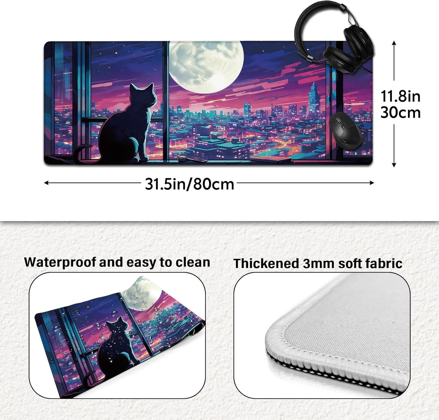 Cool Purple Moom Cat Mouse Pad, City Cats Busy Night Scene Mousead - Large Non-Slip Desk Mat for Office, PC, Laptop - 31.5"x11.8" x 3mm