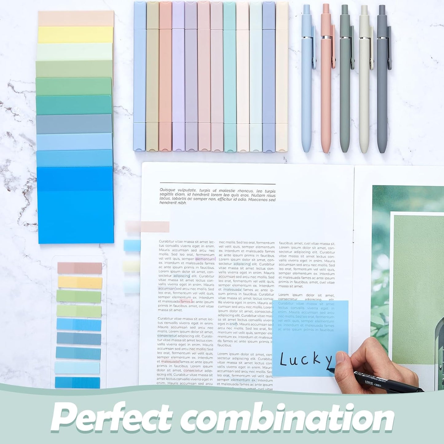 Jutom 38 Pcs Book Annotation Kit Aesthetic Highlighters Gel Pens Set Sticky Notes Tabs Markers Dual Ended Highlighter Quick Dry Ink Pens for Office Annotating Books(Blue Series,Square)