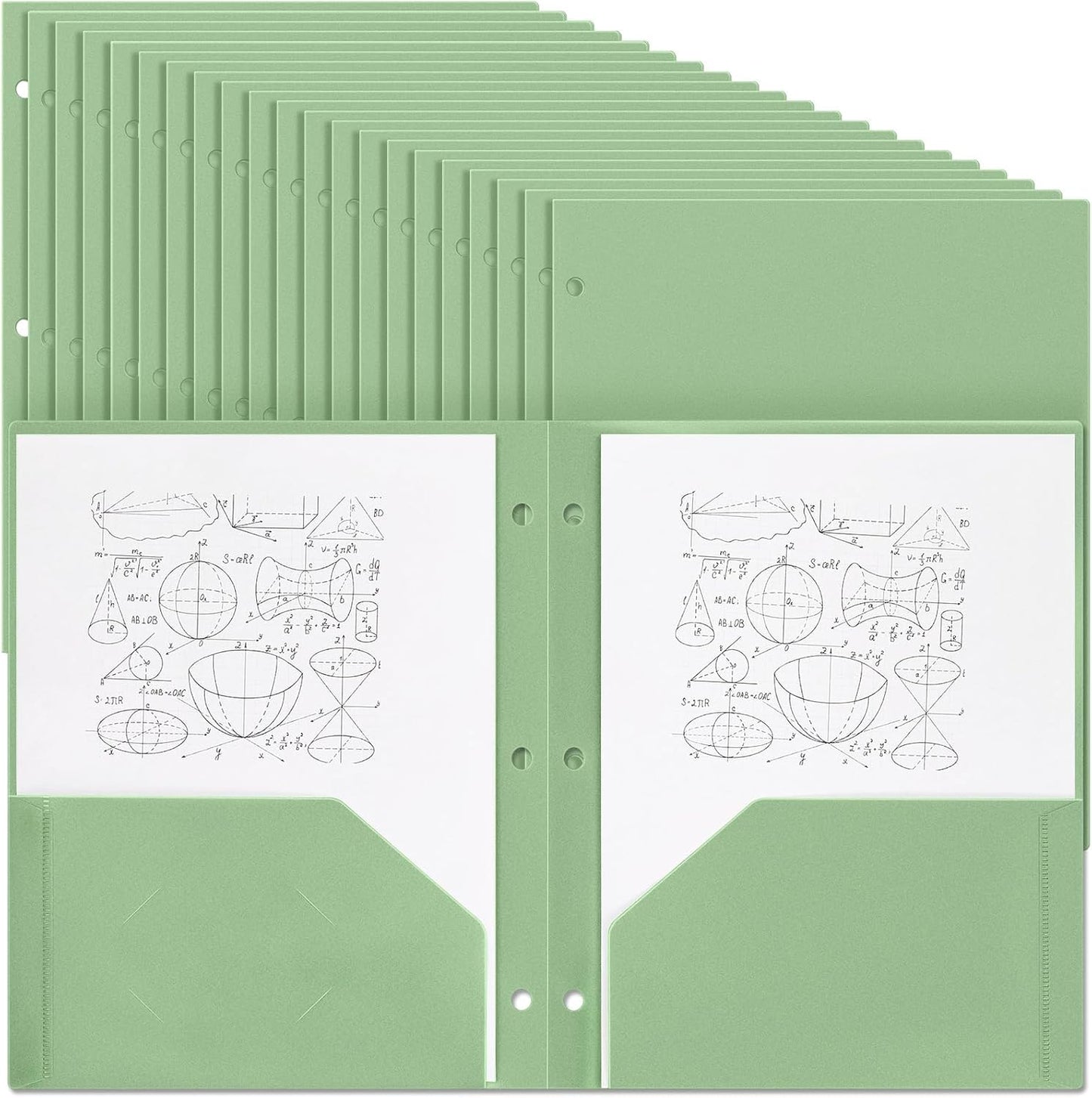 Yeaqee 100 Pcs Plastic Folders with Pockets Bulk 3 Hole Punched 2 Pocket File Folders for 3 Ring Binder Divider Folder for Notebooks, Durable Poly for Office Home (Sage Green)