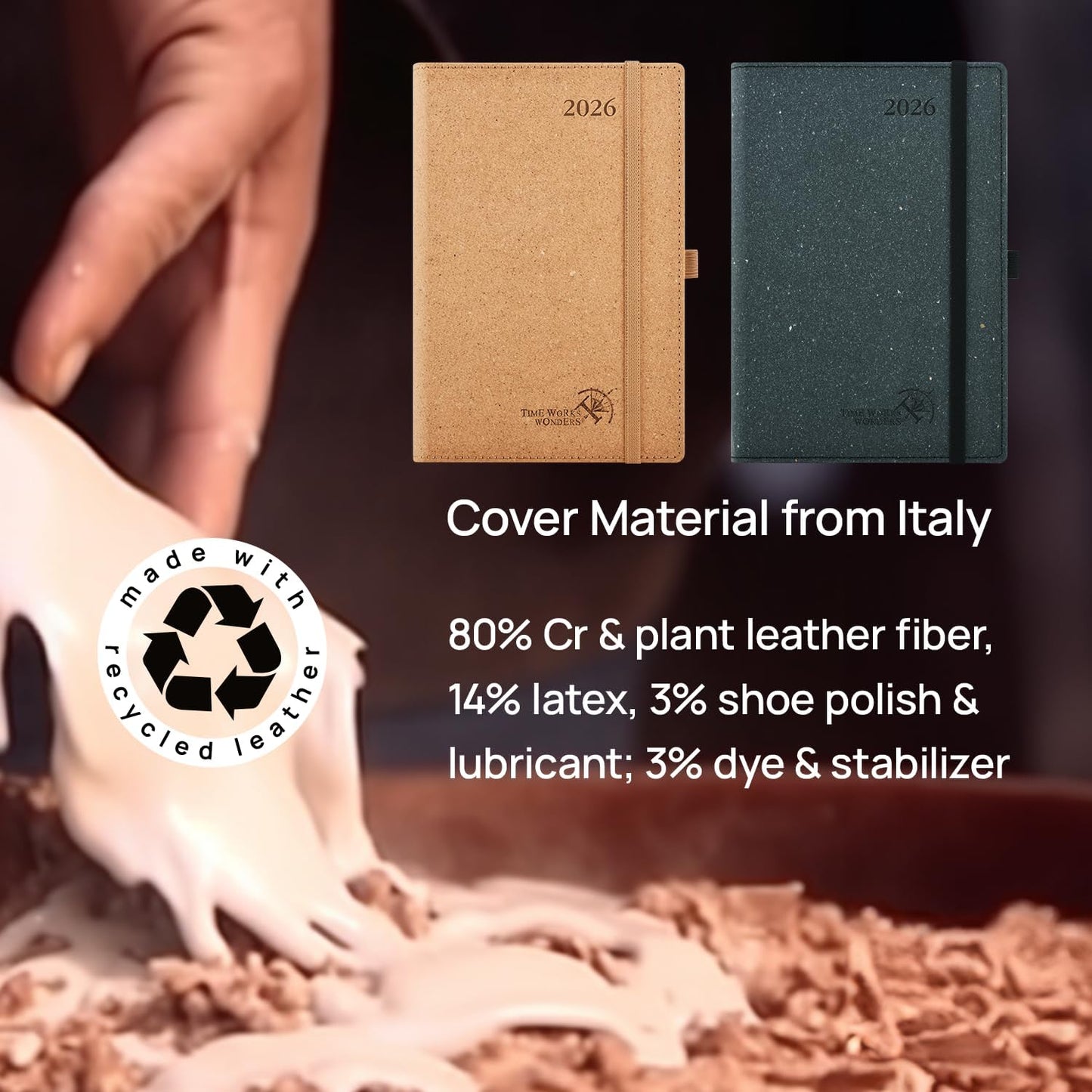 POPRUN 2026 Recycled Daily Planner 12 Months (A5 Medium Size 5.75'' x 8.6'') - One Page Per Day Calendar Hourly Appointment Book with Italian Regenrated Leather, Monthly Tabs, Pocket - Black Grey