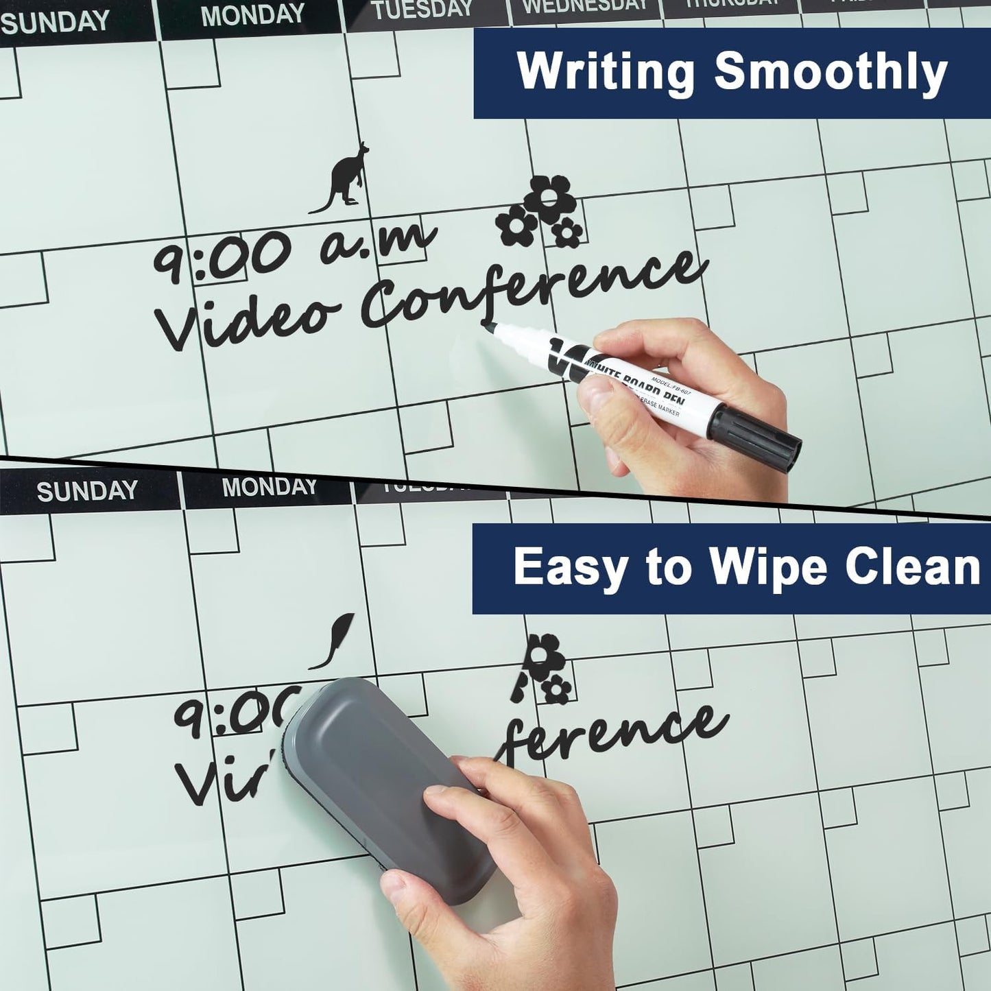 TSJ OFFICE Glass Calendar Whiteboard - 36 x 24 Inches Wall Mounted Monthly Dry Erase Calendar for Wall, Large Magnetic Glass White Board for Office, Home & School