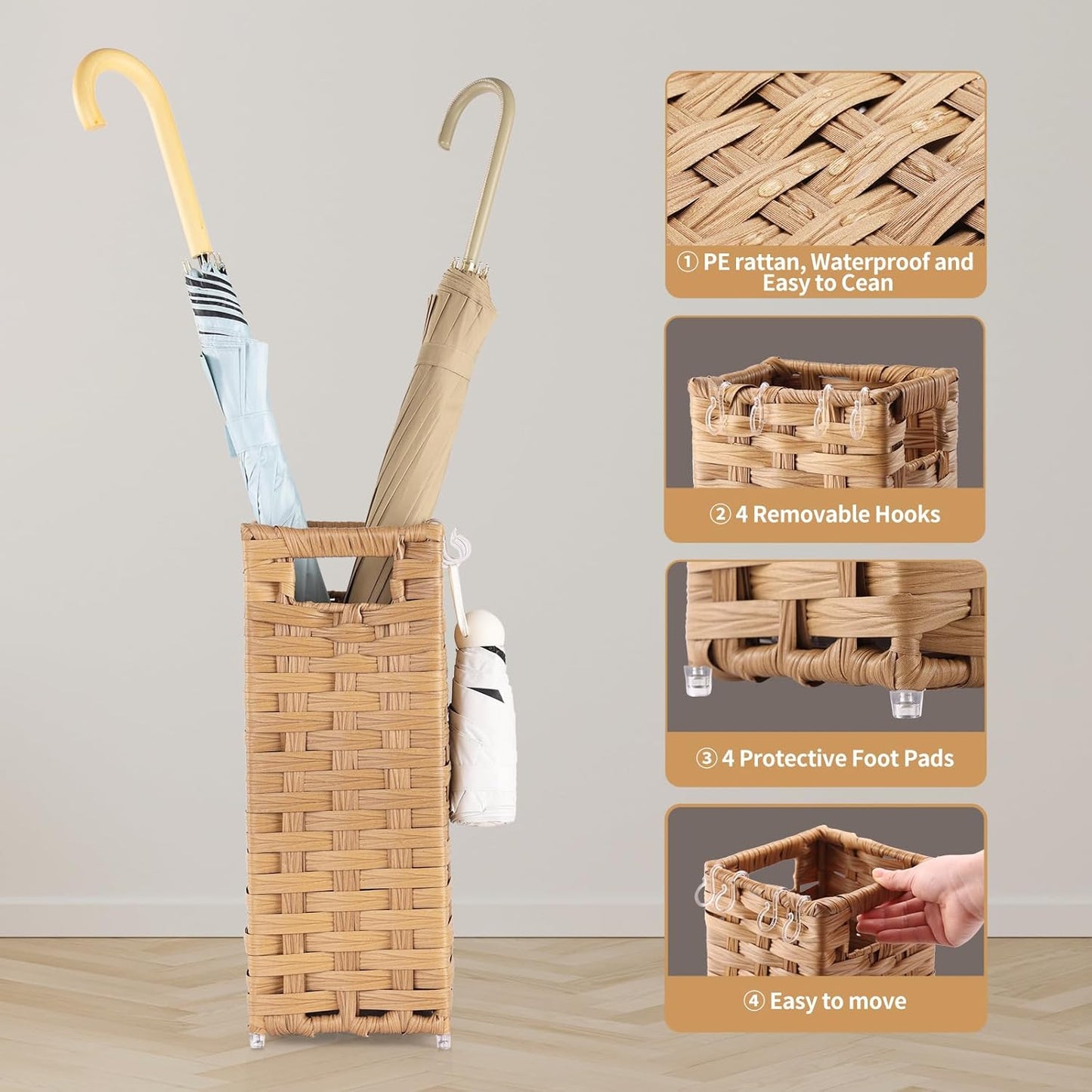 Rattan Umbrella Stand, Umbrella Holder for Entryway, Hand Woven Umbrella Rack Organizer Freestanding, with a Detachable Drip Tray, 4 Hooks, 6.5" L x 6.5" W x 16.5" H