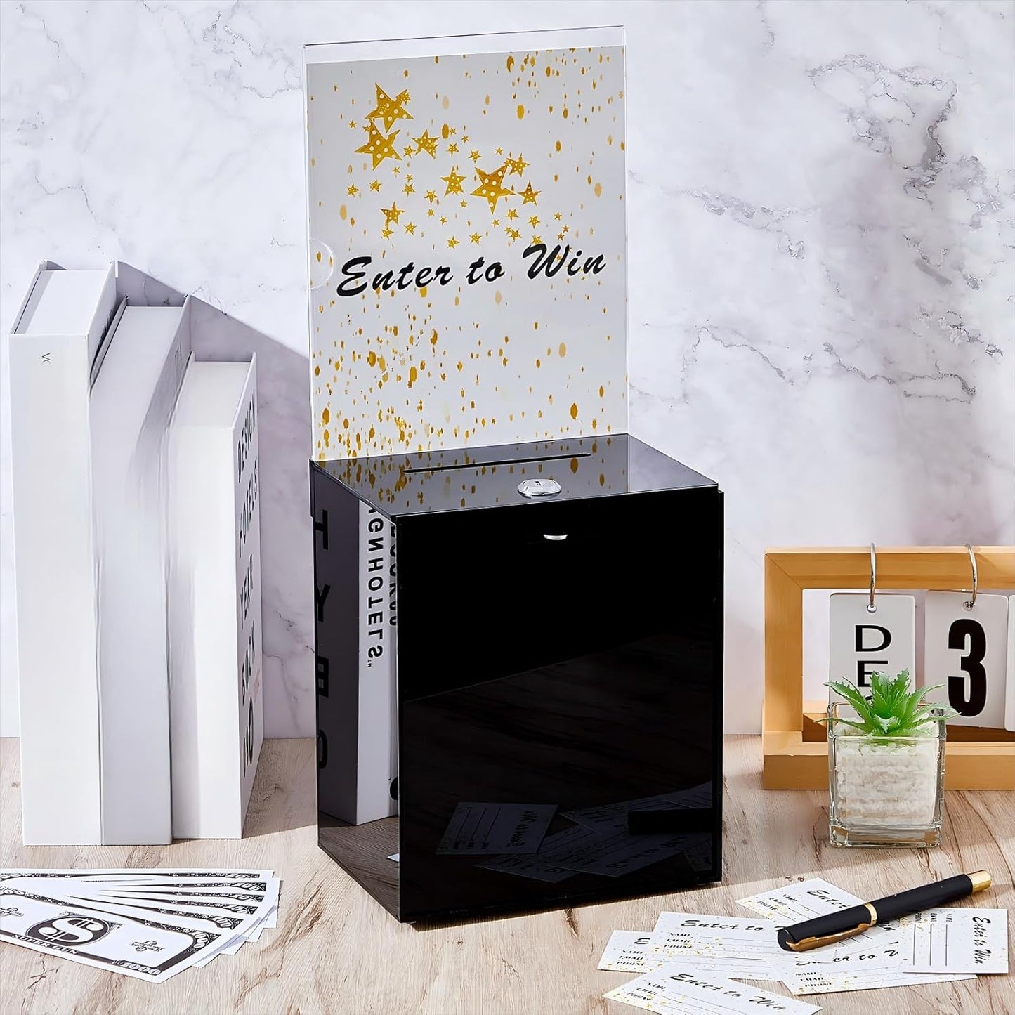 Teling Tall Acrylic Donation Box with Lock and Sign Plate Safe Suggestion Box with 100pcs Raffle Tickets Cards for Raffle, Money, Voting, Charity, Suggestion (Black)