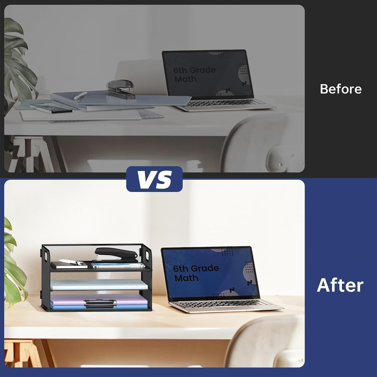 Supeasy 3 Tier Paper Organizer with Handle, Mesh Desk Organizer Letter Tray, Paper Tray File Organizer for A4 File Folder, Black