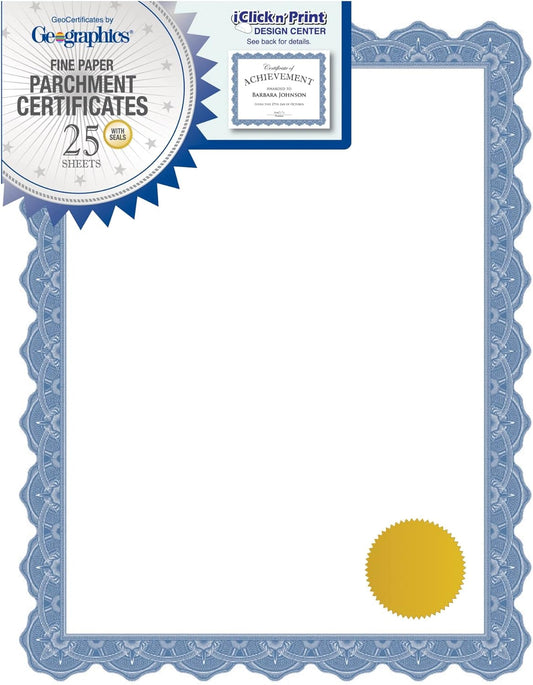 Optima Blue Blank Award Certificate Paper with Gold Foil Seals, 8.5 x 11", Seal 1.75" (Pack of 25)