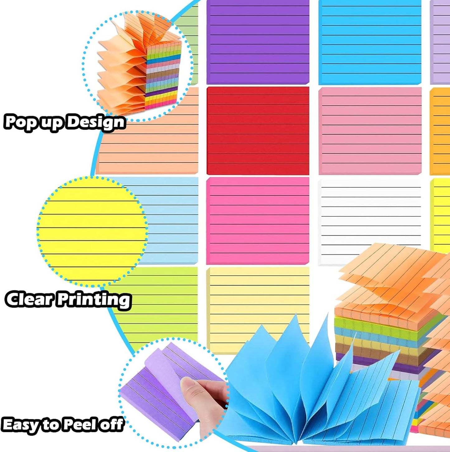 15 Pads Pop Up Sticky Notes,15 Bright Colors Self-Stick Notes Pads with Lines,1500 Sheet Lined Sticky Notes 3x3 Inch Pop up Refills,Clean Removal,Assorted Pastel Colors,100 Sheets/Pad