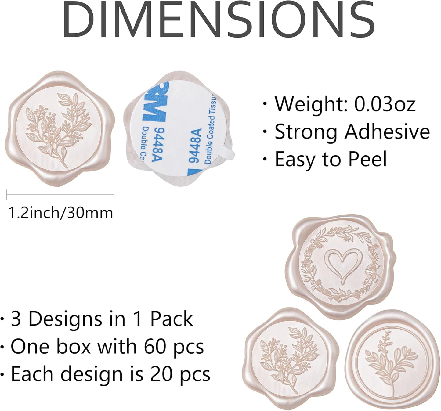 60 Pcs Champagne & Pink Wax Seal Stickers Self-Adhesive Envelope Seals Stamp Stickers, Perfect for Wedding Invitations Seating Chart Christmas Gift Wrapping 3 Designs in 1 Pack