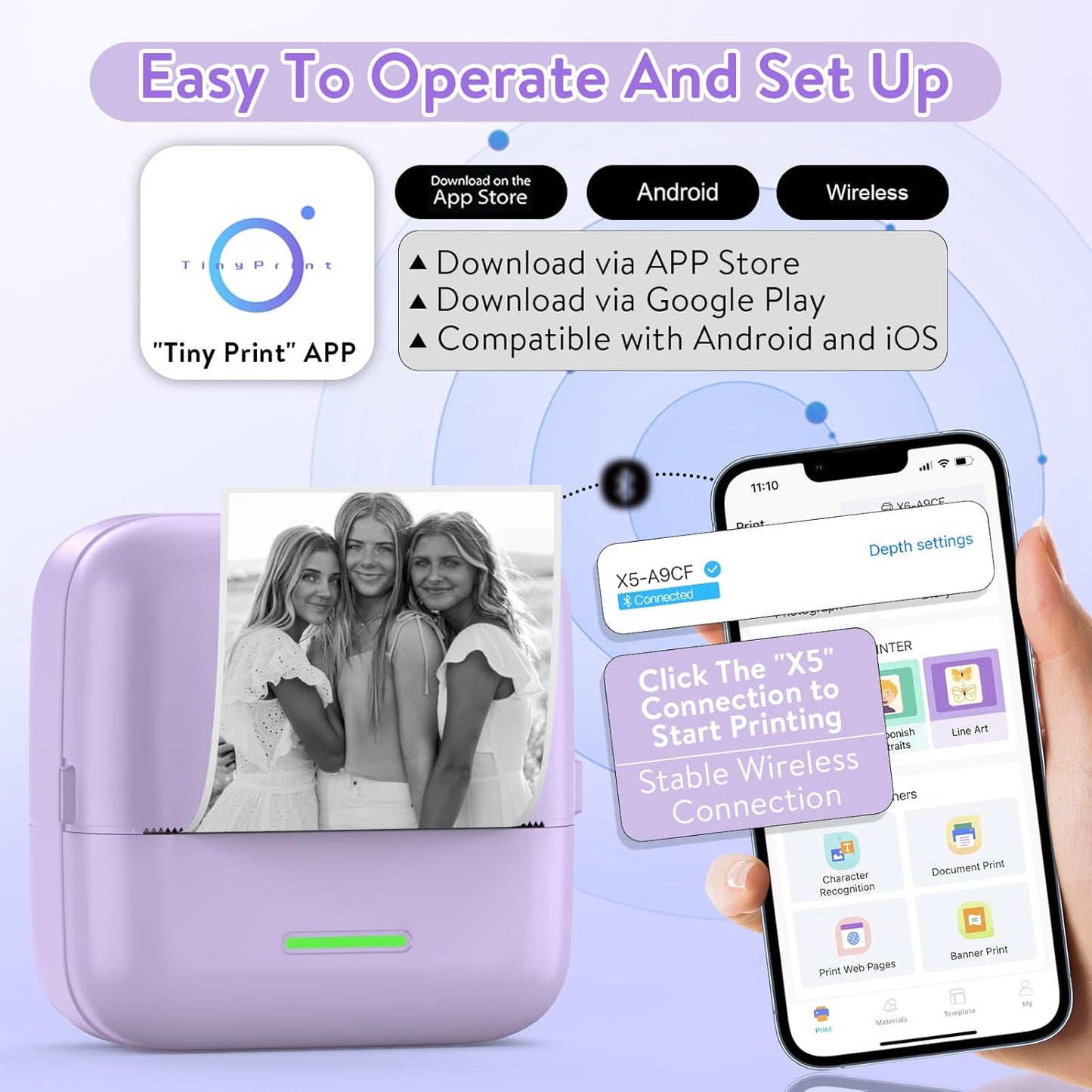 HuiJuKeJi Mini Sticker Printer Bluetooth Smart Pocket Inkless Thermal Printer with 11 Rolls Thermal Paper and Sticker for iOS&Android, Portable Receipt Printer for Photo Journal Notes Memo