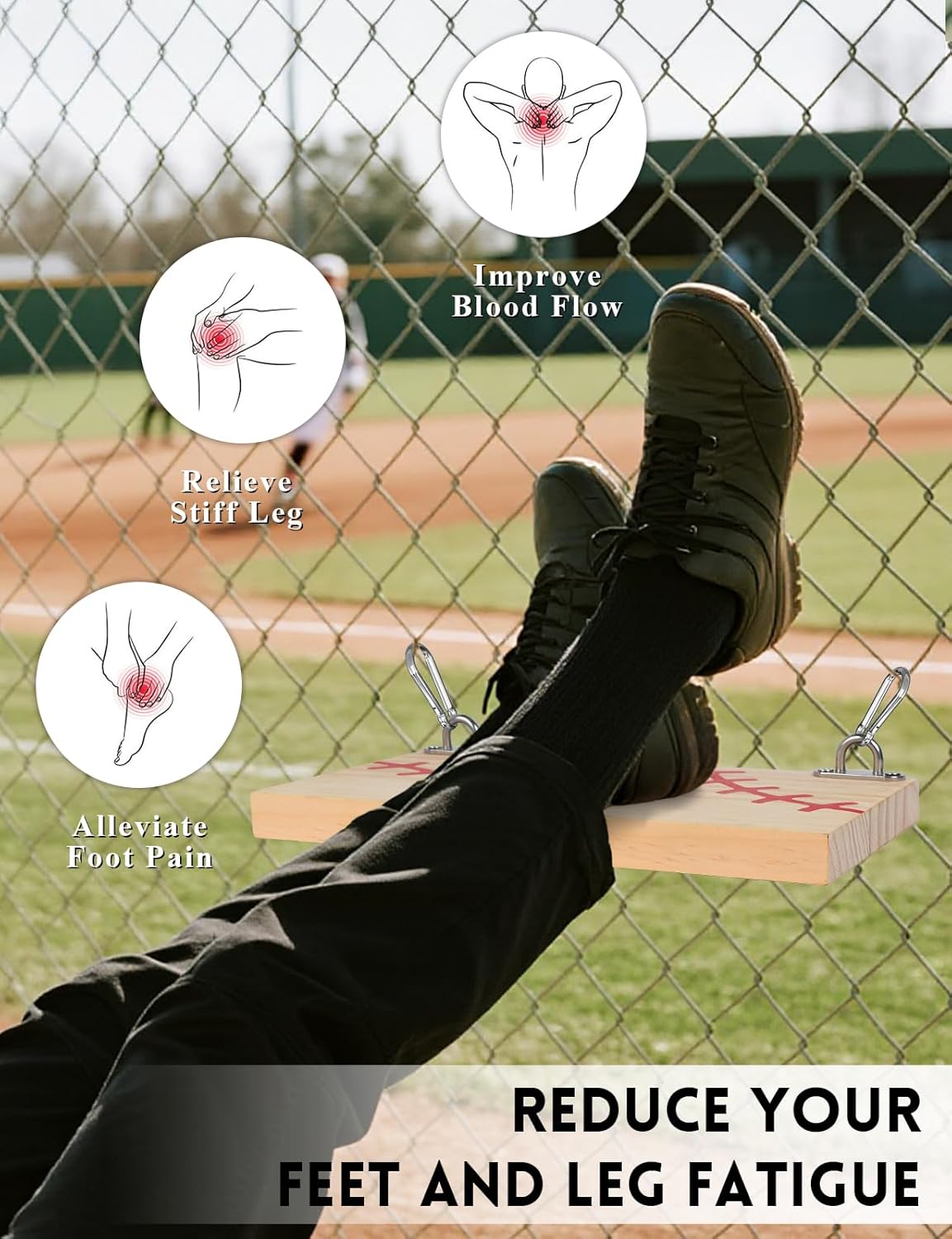 2PCS Portable Hanging Wood Footrest with Baseball Designed - Wooden Foot Rest Board for Fences, Ergonomic Footrest for Fans, Athletes, Wood Foot Tray for Baseball and Softball Games and Events