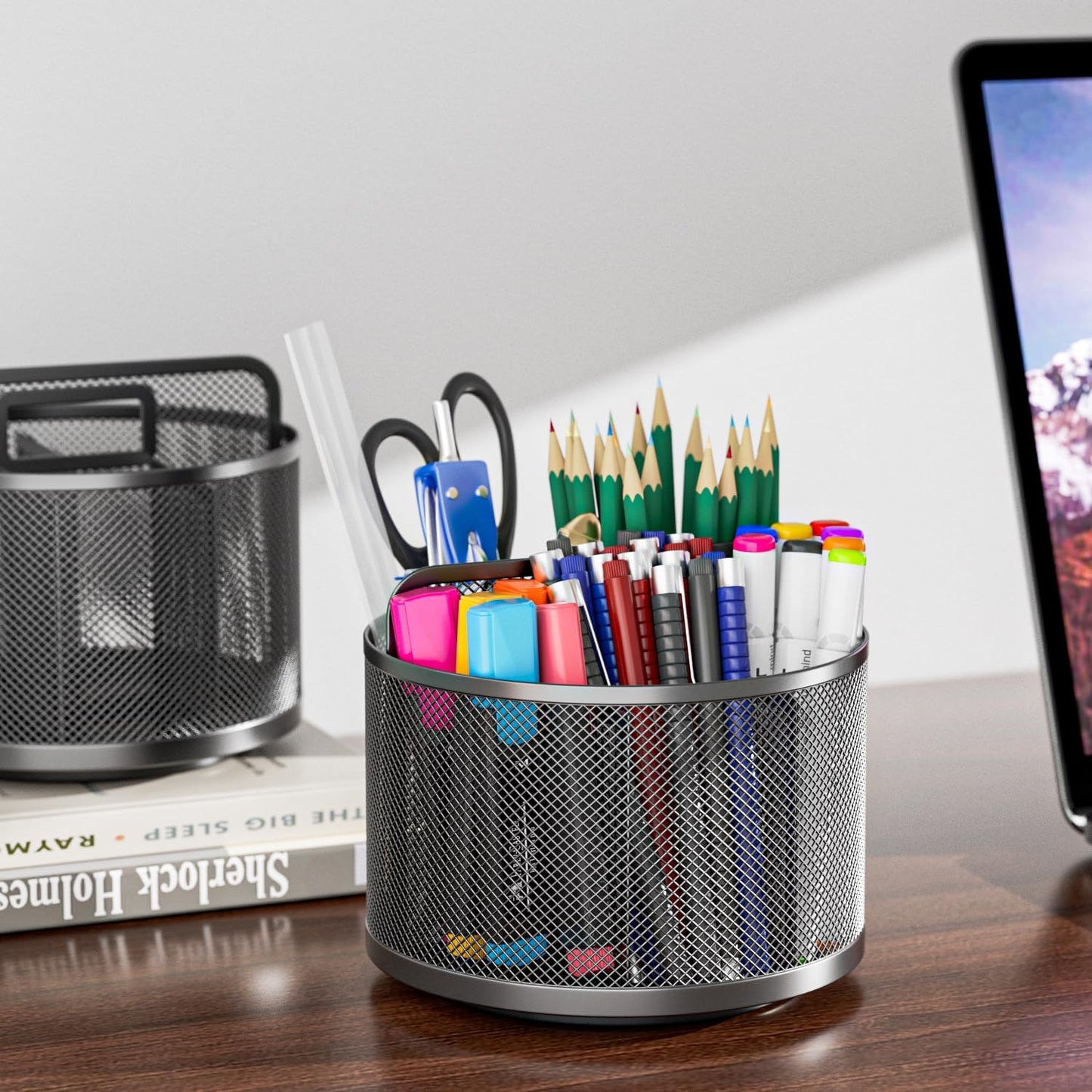 LUCYCAZ 360 Rotating Metal Pencil Pen Holder for Desk, Rotating Pencil Cup with 5 Slots, Dual-Purpose Desk Pen Organizer for Office, School, Home (Round)