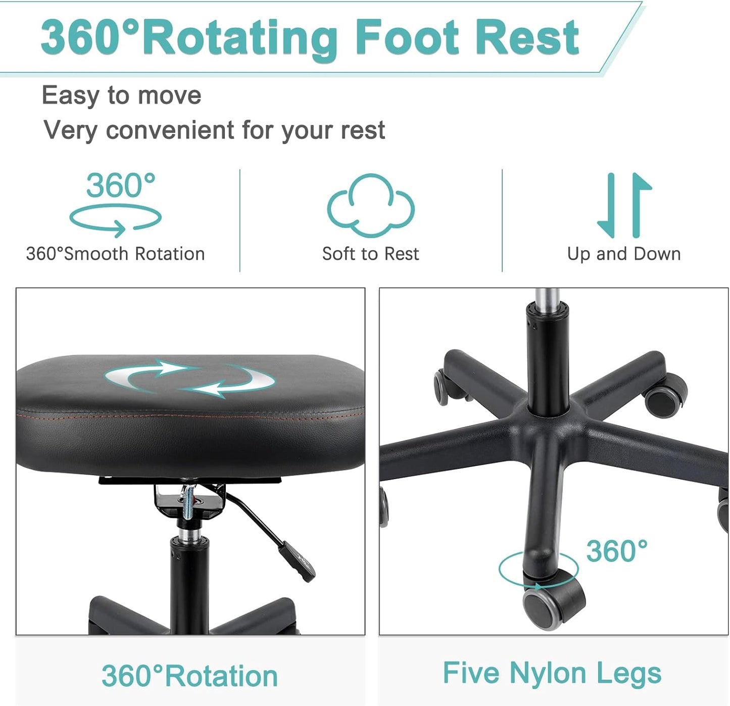 Footrest Stool Under Desk Adjustable Height and Tilt Angle Footrest Ottoman Ergonomic Foot Stool with Wheels 360° Rolling for Home Office (New Black)