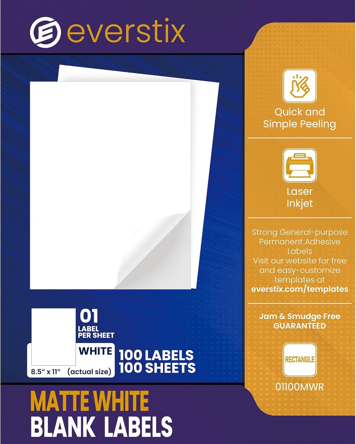 8.5" x 11", 100 Sheets, 100 Printable White Sticker Paper, Full Sheet Shipping Labels for Laser & Inkjet Printers, Letter Size