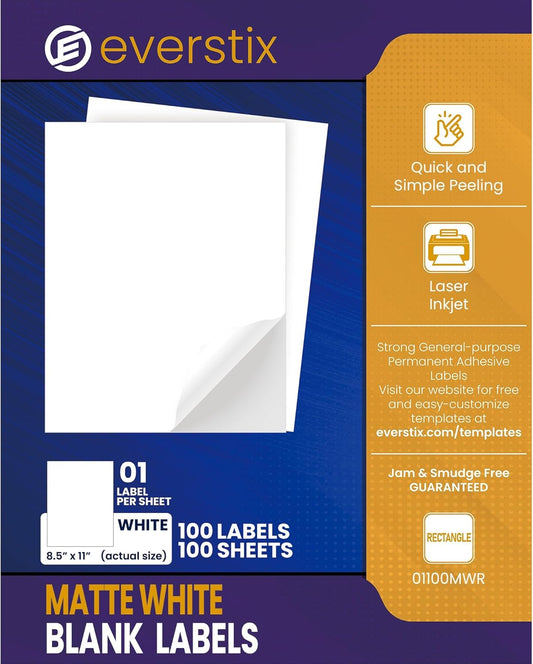 8.5" x 11", 100 Sheets, 100 Printable White Sticker Paper, Full Sheet Shipping Labels for Laser & Inkjet Printers, Letter Size