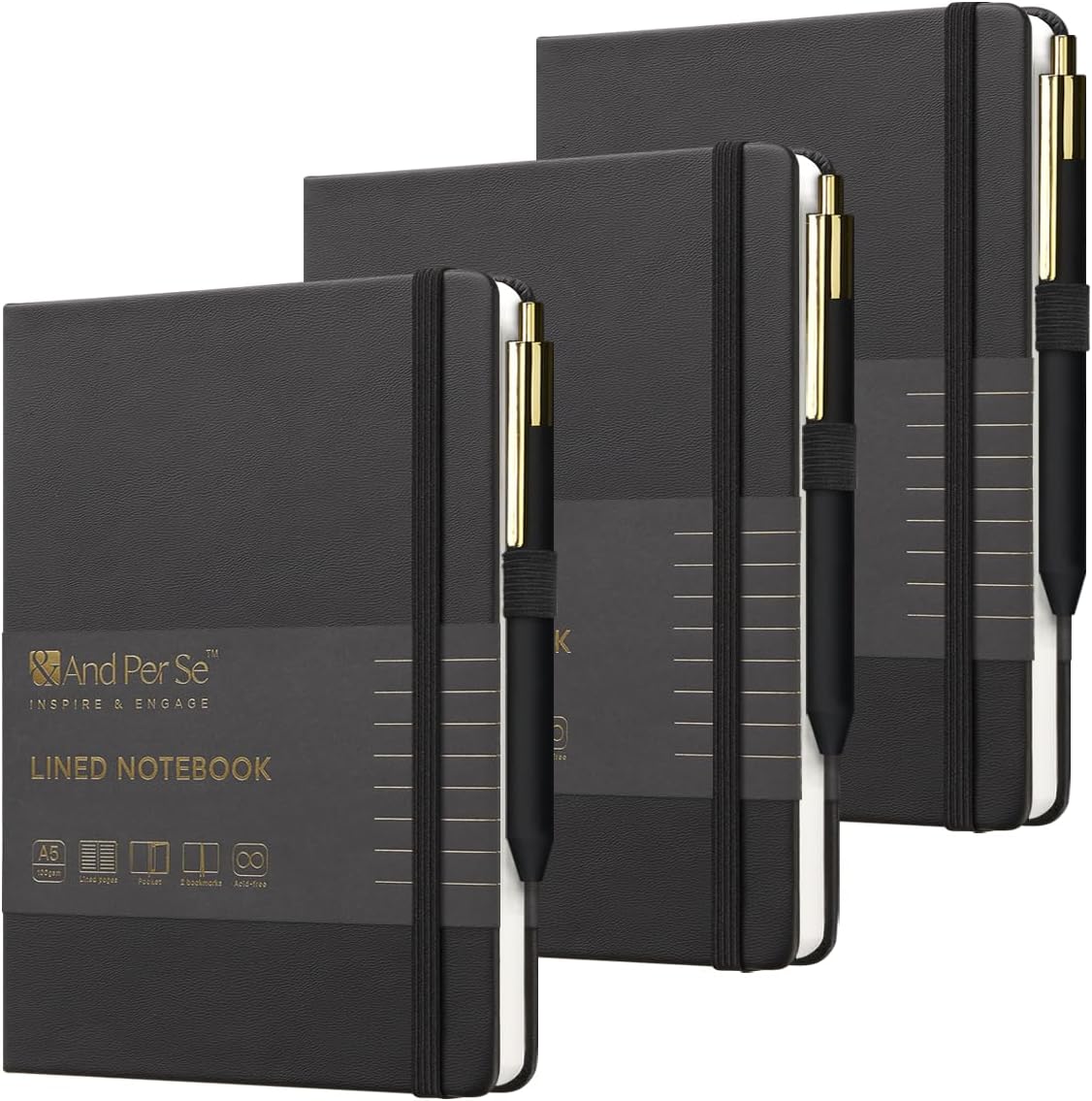 A5 Lined Leather Journal and Pen Set (3 packs), Hardcover Notebook with Pen, 160 Pages 100gsm Thick Ruled Paper for Men Women, for Work, Business, School or Home Writing, 5.7'' x 8'' (Black)