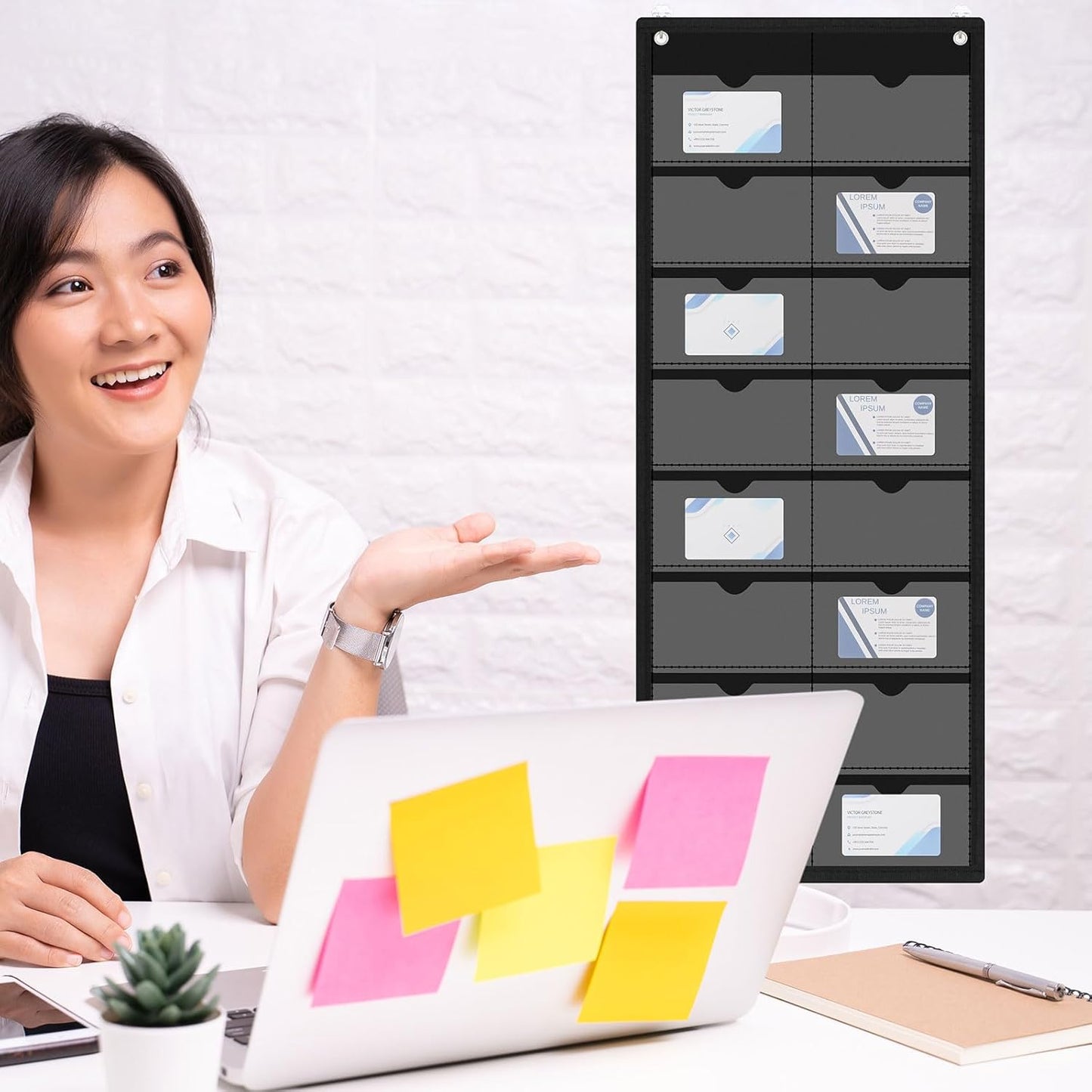 2 Pack 3'' x 5'' Index Card Holder Sleeve 16 Slot Plastic Organizer Hanging Wall Mount Business Note Cardholder PVC Clear Organizer Pocket for Classroom Office Library Home (Black)