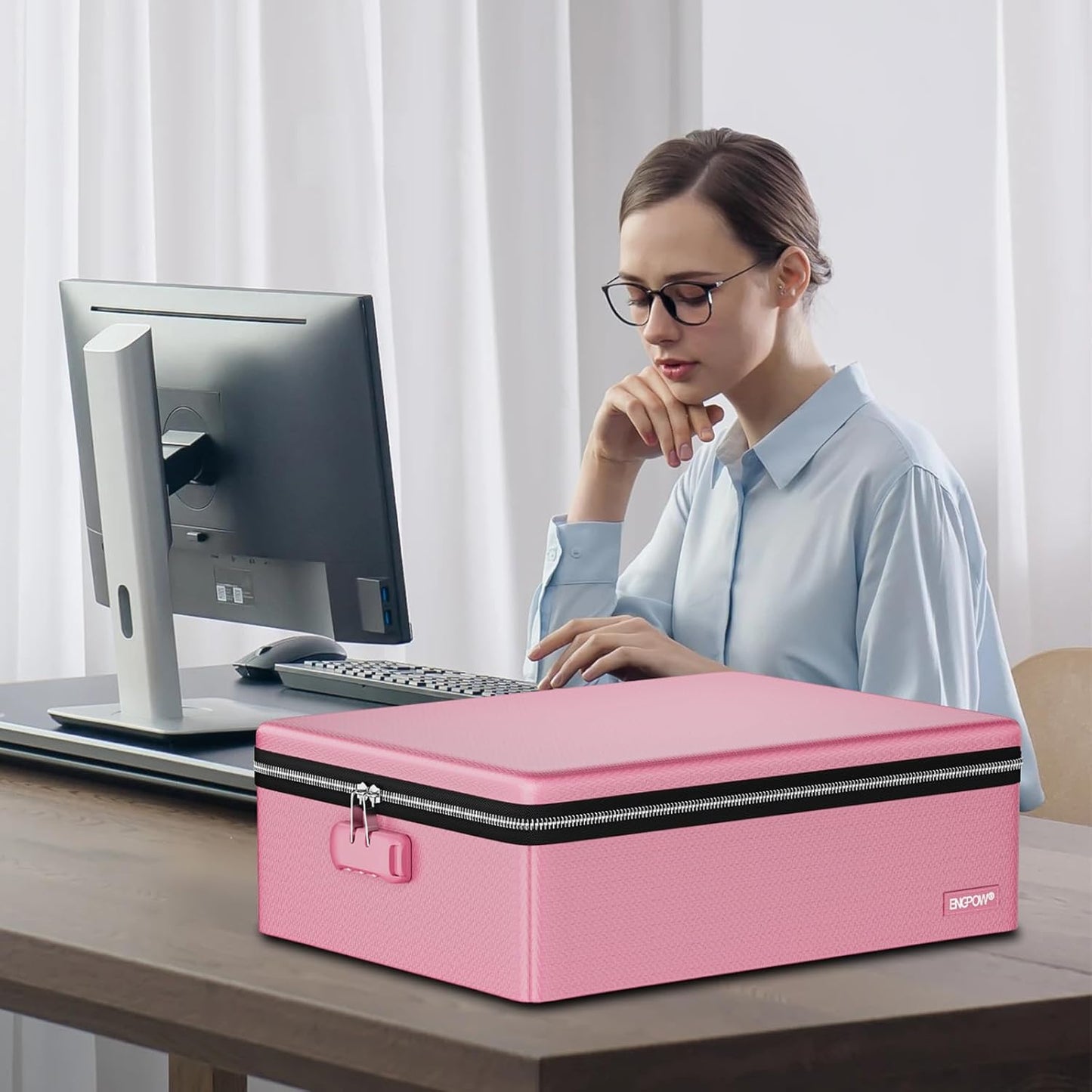 ENGPOW Fireproof Document Box, Hard Case File Box with Fireproof Zipper＆Lock, 6400°F Heat Insulated Fire and Water Resistant File Organizer Storage Safe for Important Documents Laptop Cash, Pink