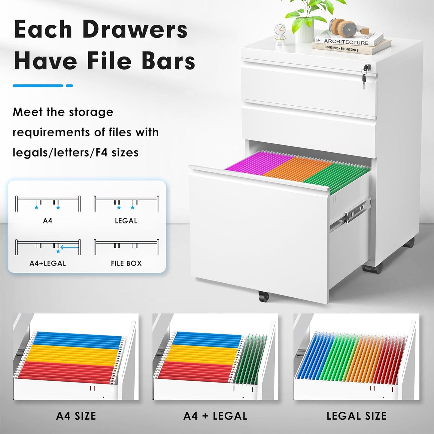 Superday 3 Drawer Mobile Locking File Cabinet, Metal Rolling Vertical File Cabinet with Drawers, Small Under Desk Lateral Cabinets for Office and Home, Fully Assembled Except