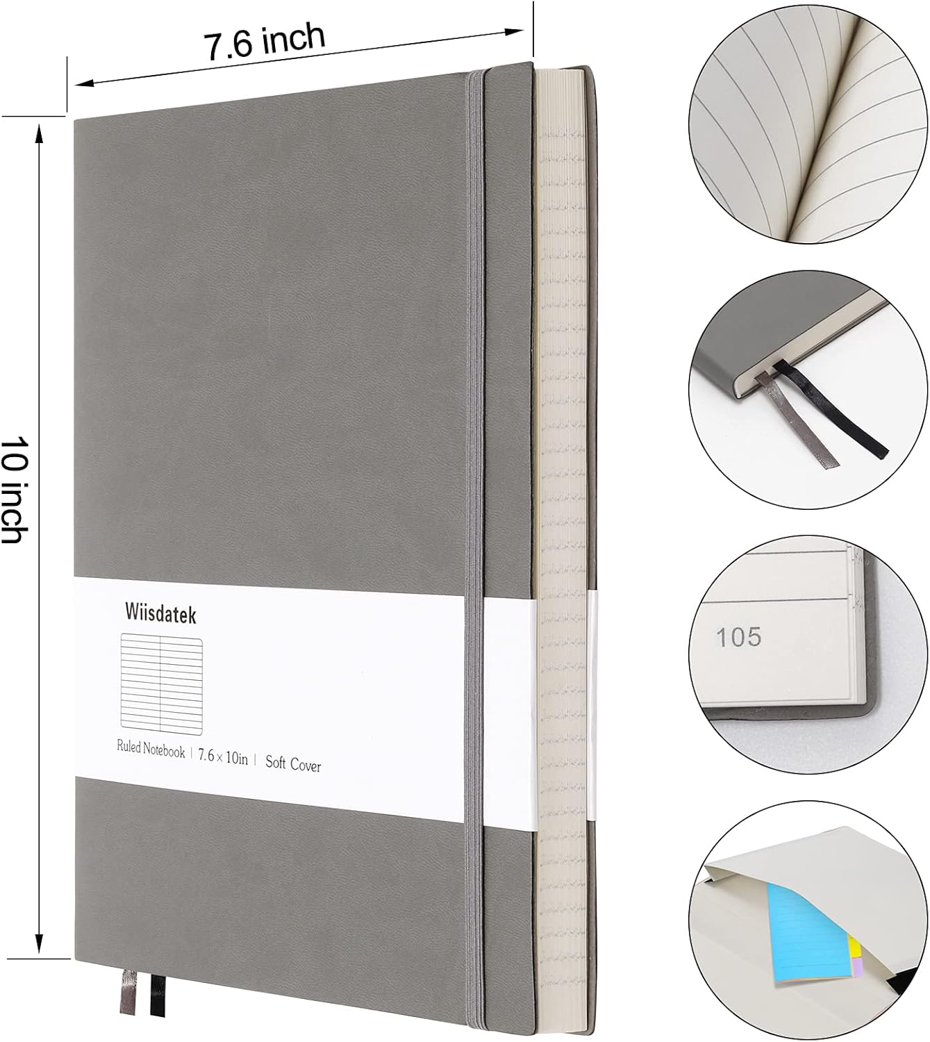 B5 College Ruled Notebooks - 2 Pack B5 Large Journal Notebooks with 376 Numbered Pages,100gsm Thick Lined Paper,Soft PU Leather Cover,7.6 X 10 inch(GRAY)