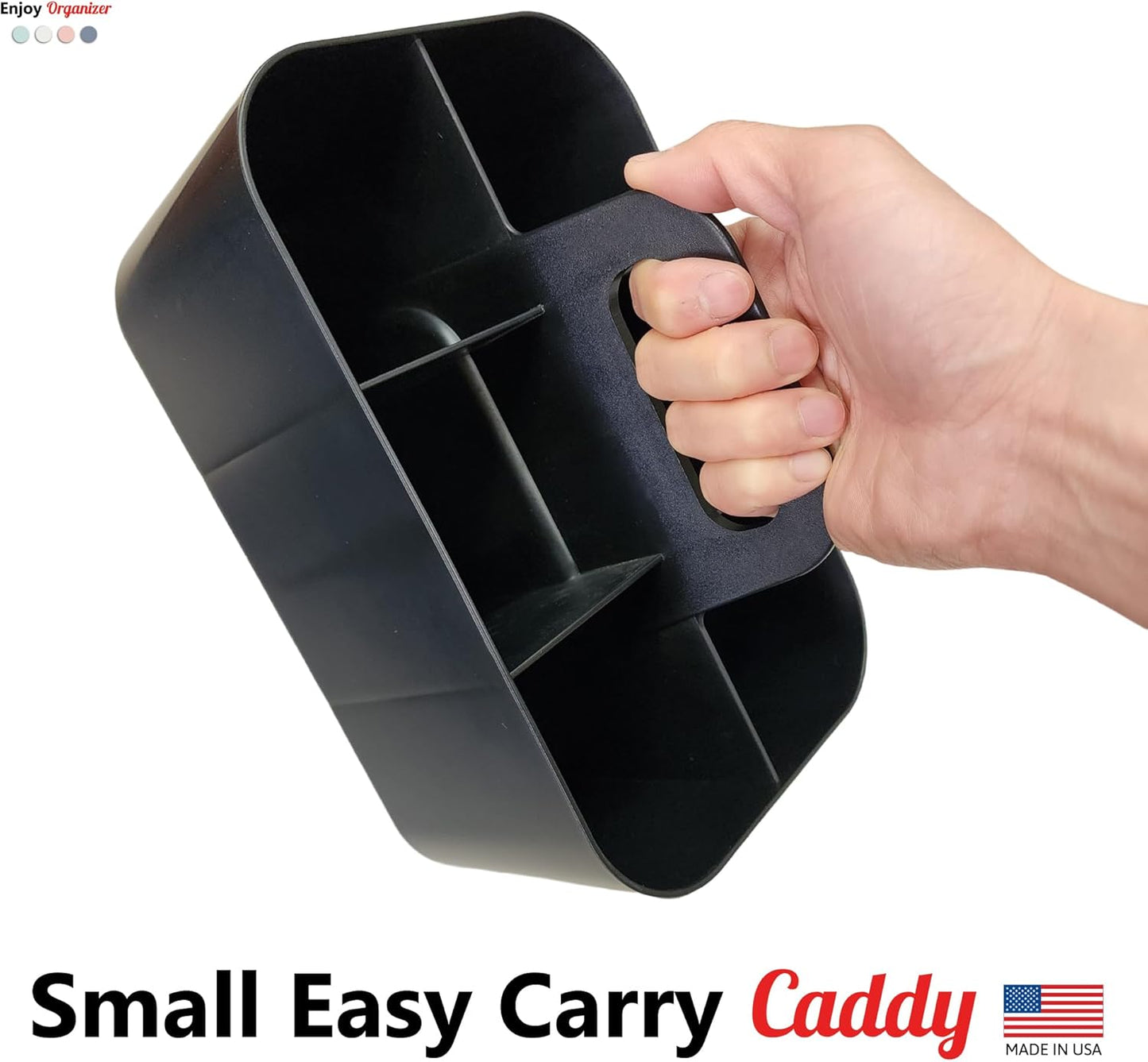 Small Stackable Plastic Caddy with Handle 6 Compartment | Desk, Makeup, Dorm Caddy, Classroom Art Organizers - 4 Pack, Made In USA (Black)