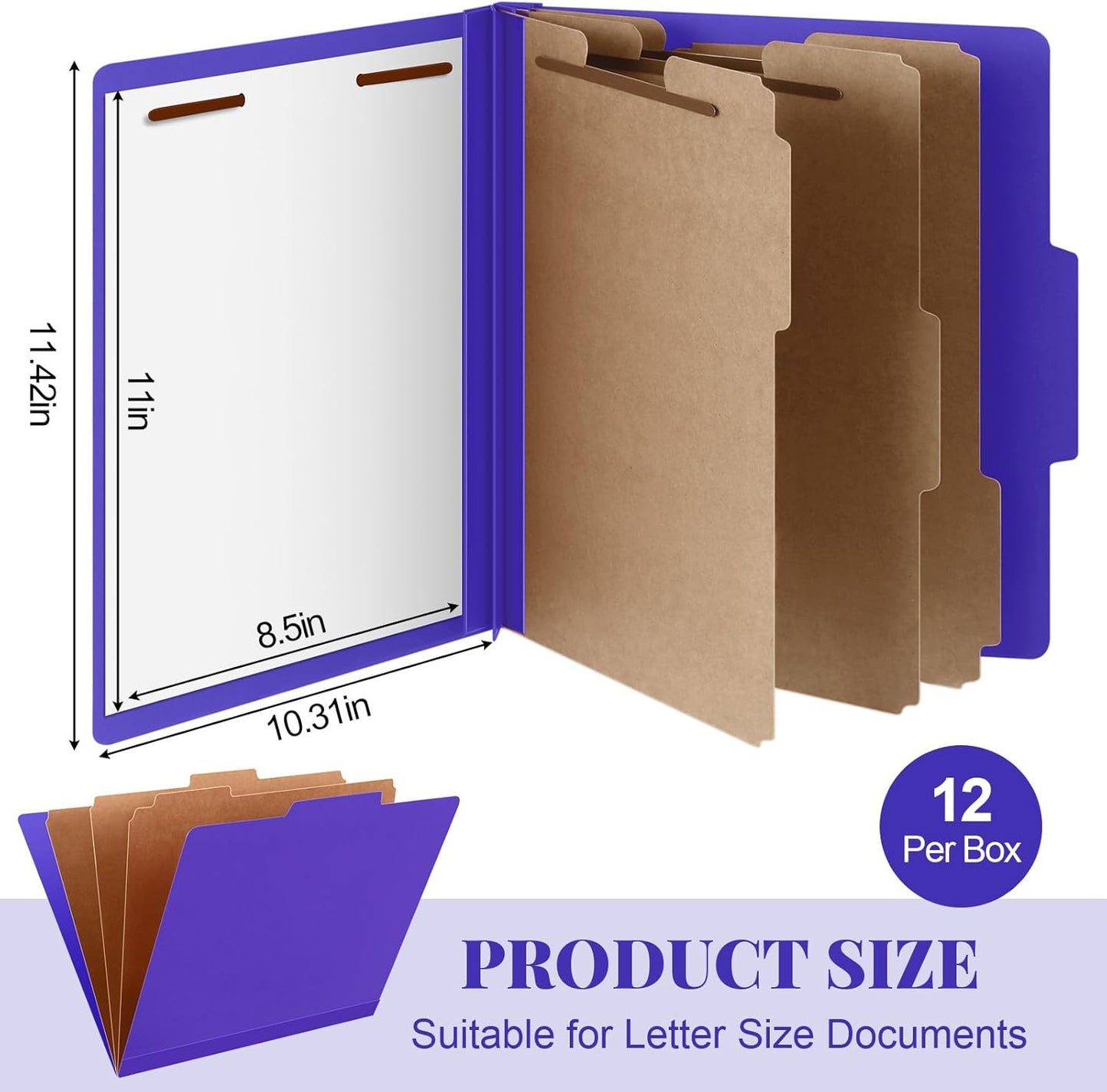 12 Pcs Classification Folders Letter Size, 3 Divider Pressboard File Folder with Fasteners, Expanding File Organizer Bulk for Teachers, Clergy, Office, Church, Christmas Donations (Purple)