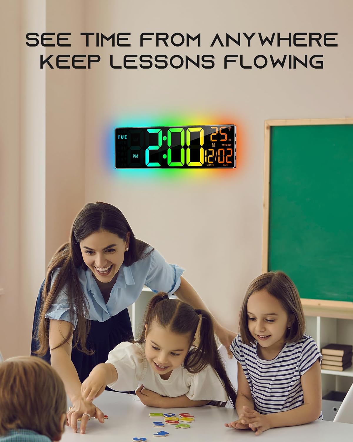 16.5" Large Digital Wall Clock with BT Sync, RGB Lights with 11 Scenes Mode Remote Control, Dual Alarms with Big LED Display, Auto DST, Temperature for Classroom Gaming