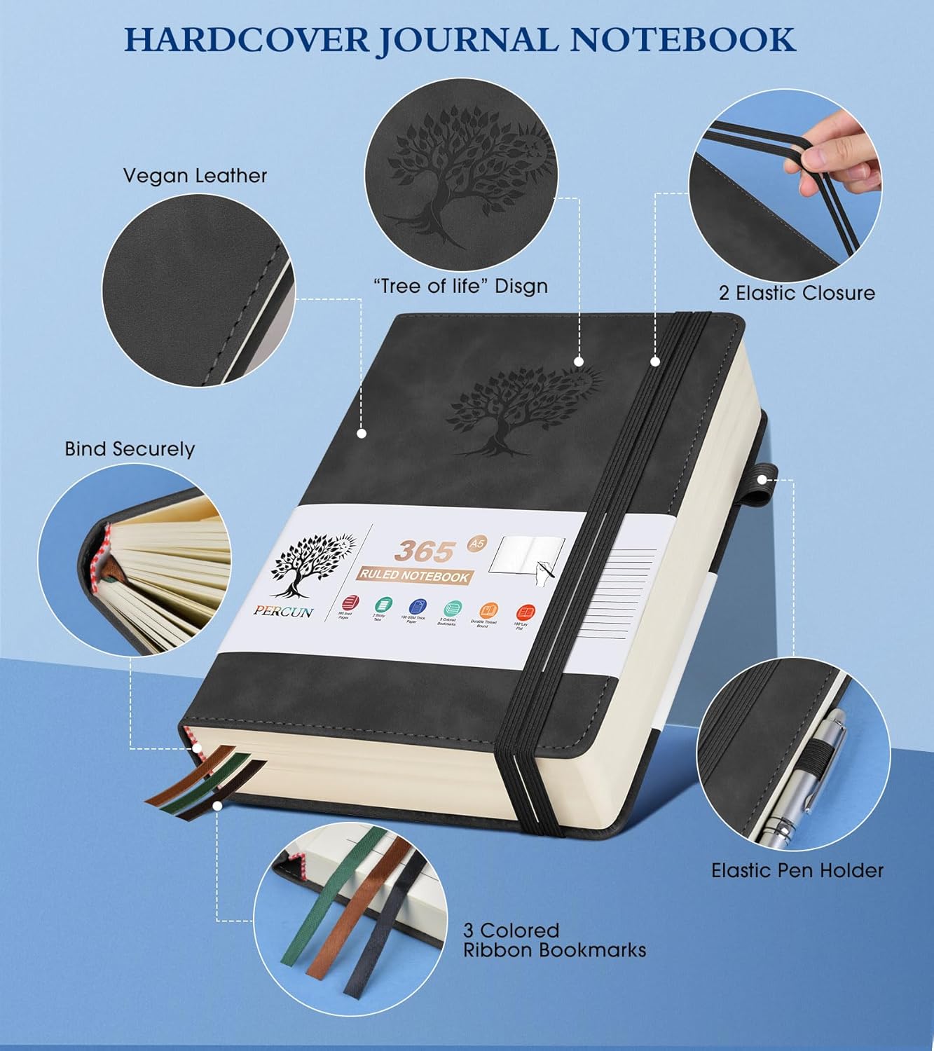 A5 Lined Journal Notebook - 365 Page Leather Journals for Writing Women & Men，Hardcover Notebook with 100Gsm Thick Pages，Daily Diary for Travel, Work，School，Note Taking，College Ruled (5.9" x 8.5")