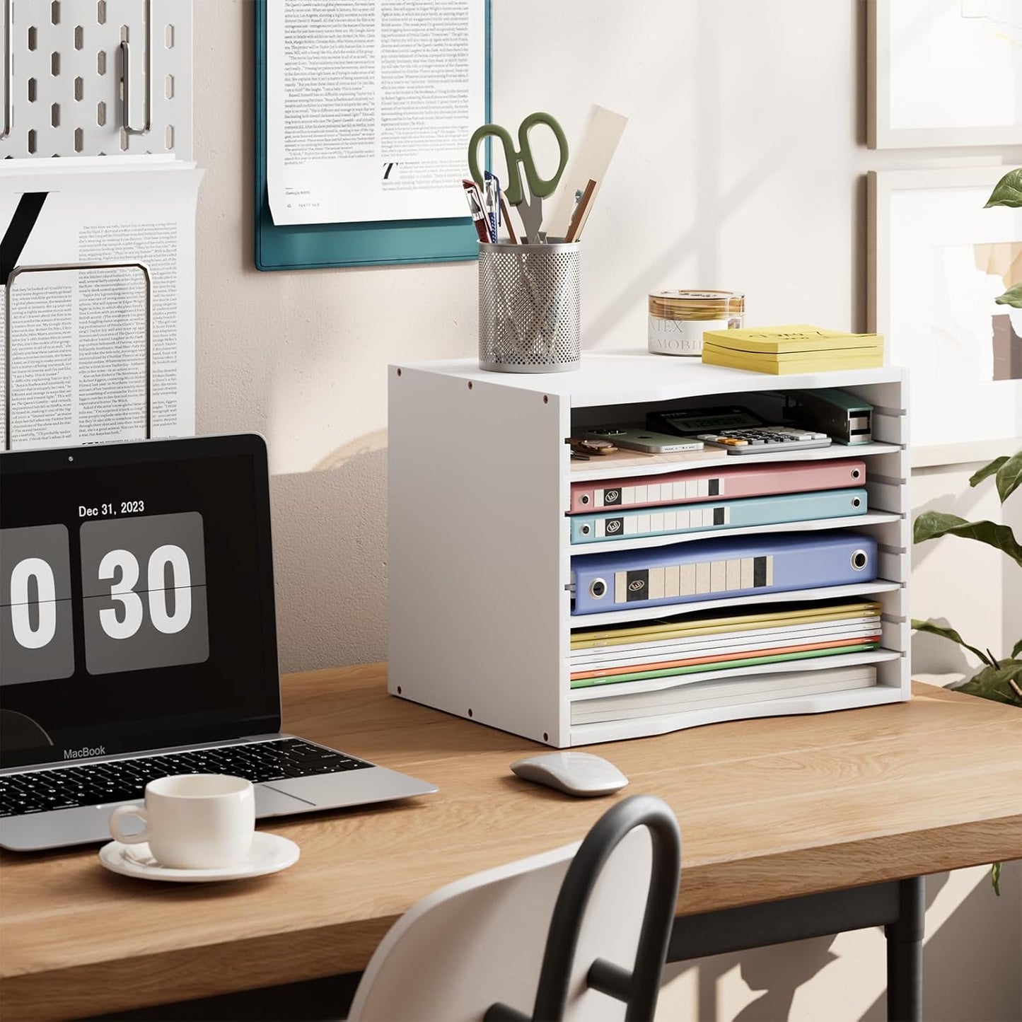 Bamjoy Bamboo 5 Tier Desktop Organizer, Paper Organizer Mail Sorter, File Holder Letter Document Storage with Adjustable Shelves for School Home Office, White