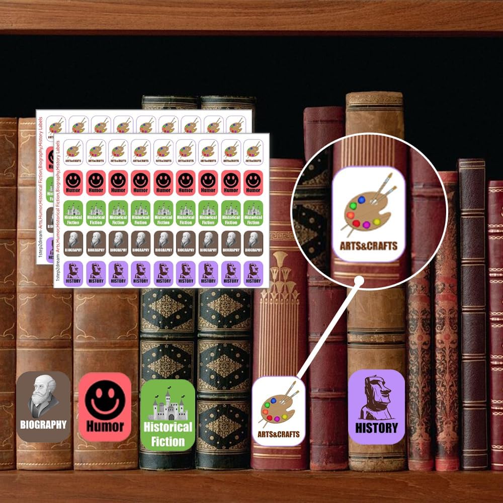Genre Book Spine Labels for Library | Classroom Library Classification Stickers 450pcs | Arts,Humor,Historical Fiction,Biography,History