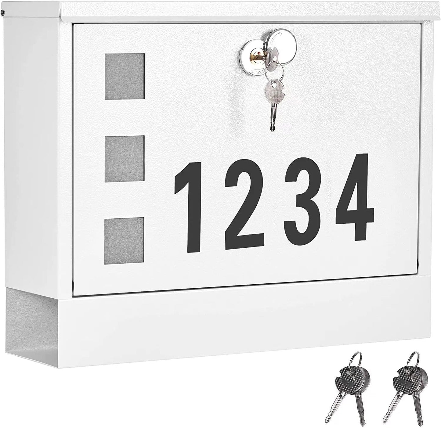 LAND·VOI Locking Mailbox Wall Mounted, Metal Postbox with Three Sets of Mail Box Number Stickers, 4 Keys, 14.4" x 4.5" x 11.2", Large Capacity, Textured White, AMB11W