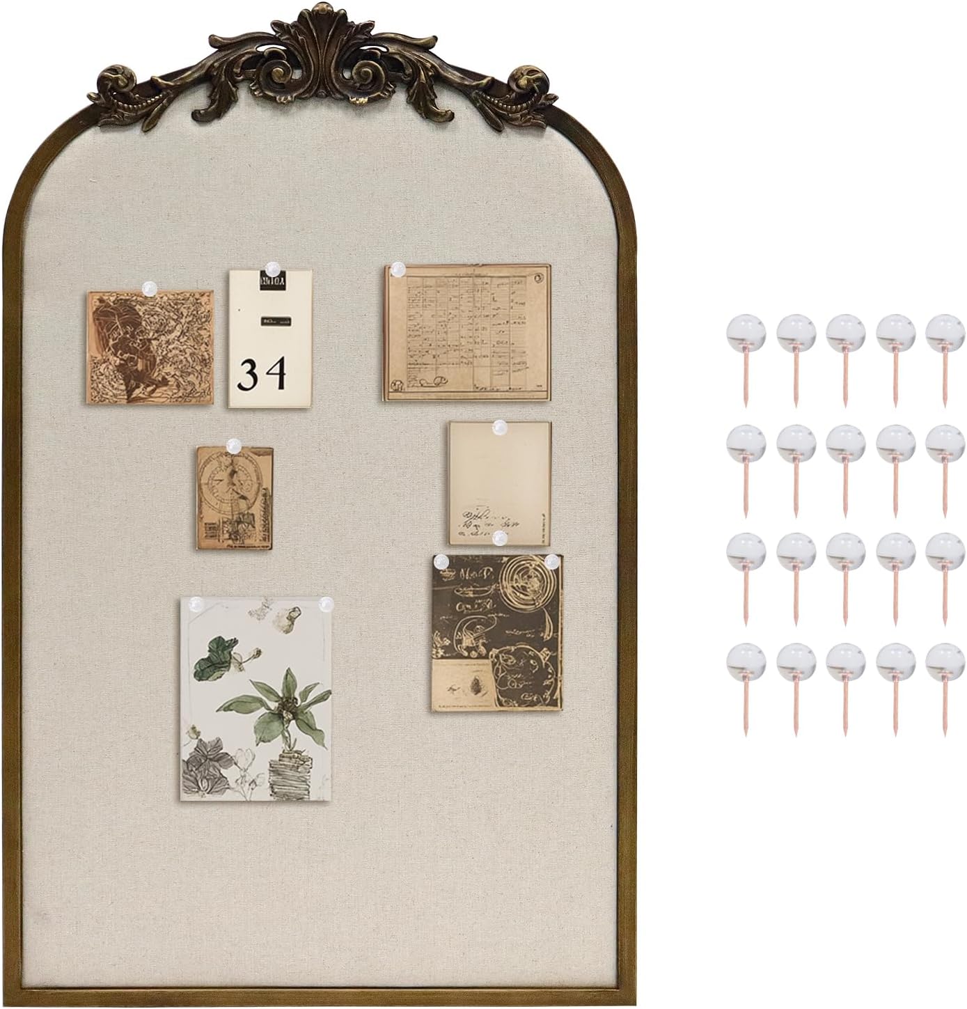 Arch Fabric Pinboard, Antique Gold Bulletin Boards 19"x31", Vintage Cork Board with Ornate Iron Frame for Wall Unique Display, Organization and Decor Options