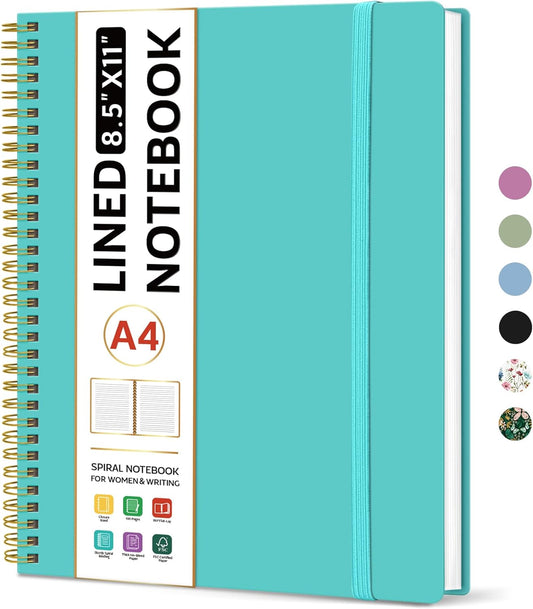 Taja Spiral Lined Notebook, 8.5"x11" Notebooks for Work, Large A4 Journal for Women & Men, College Ruled Journaling Notebook for Writing, Plastic Cover Spiral Journal, Aquamarine